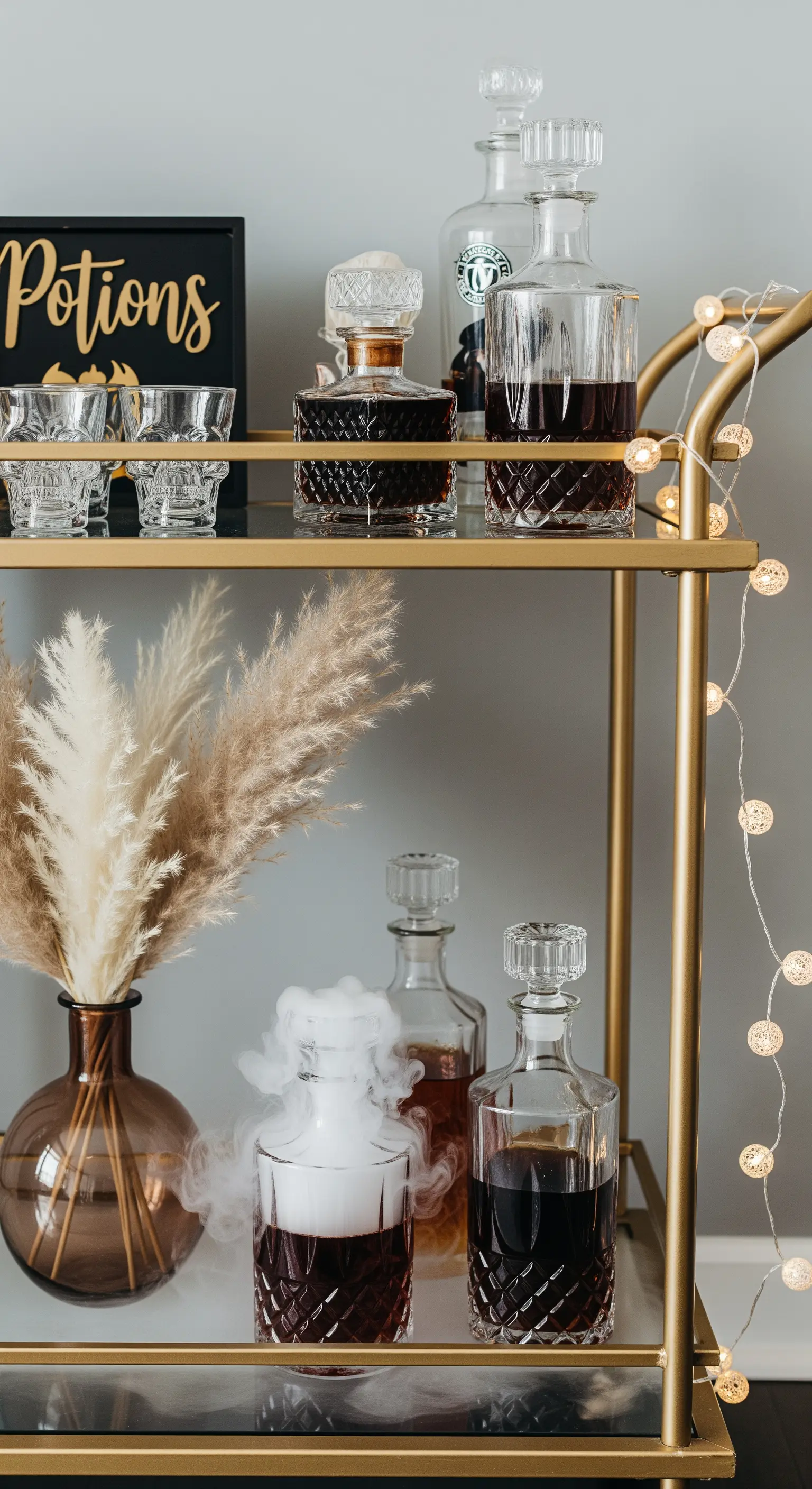 Goldener Barwagen mit rauchenden Drinks und Pampasgras