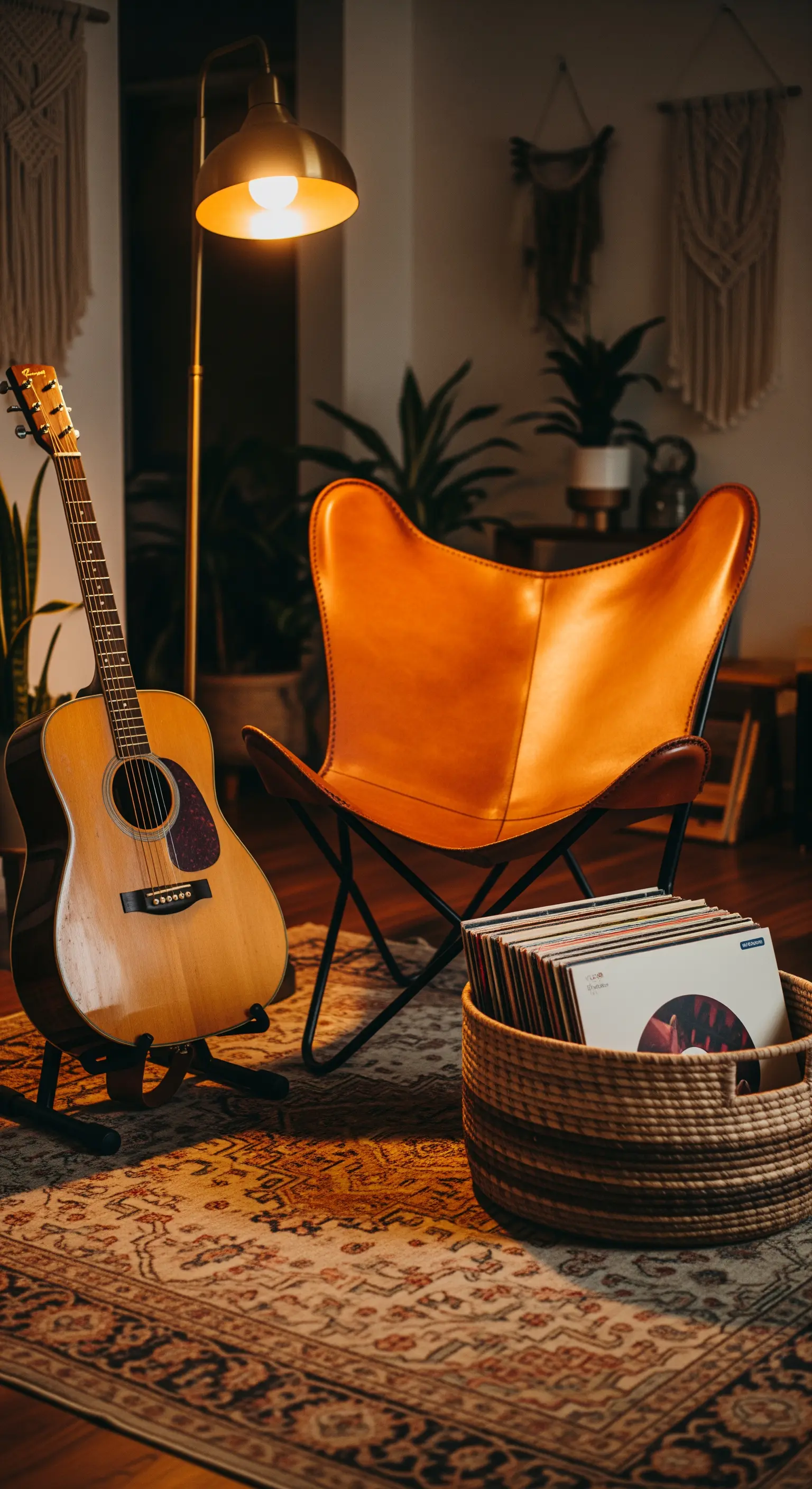 Lederstuhl neben Akustikgitarre und Korb voller Schallplatten