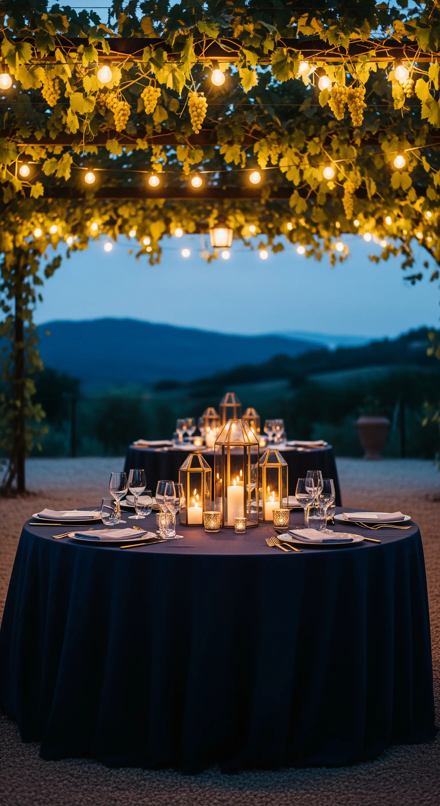 Abendessen unter Weinreben mit Lichterketten und Kerzen