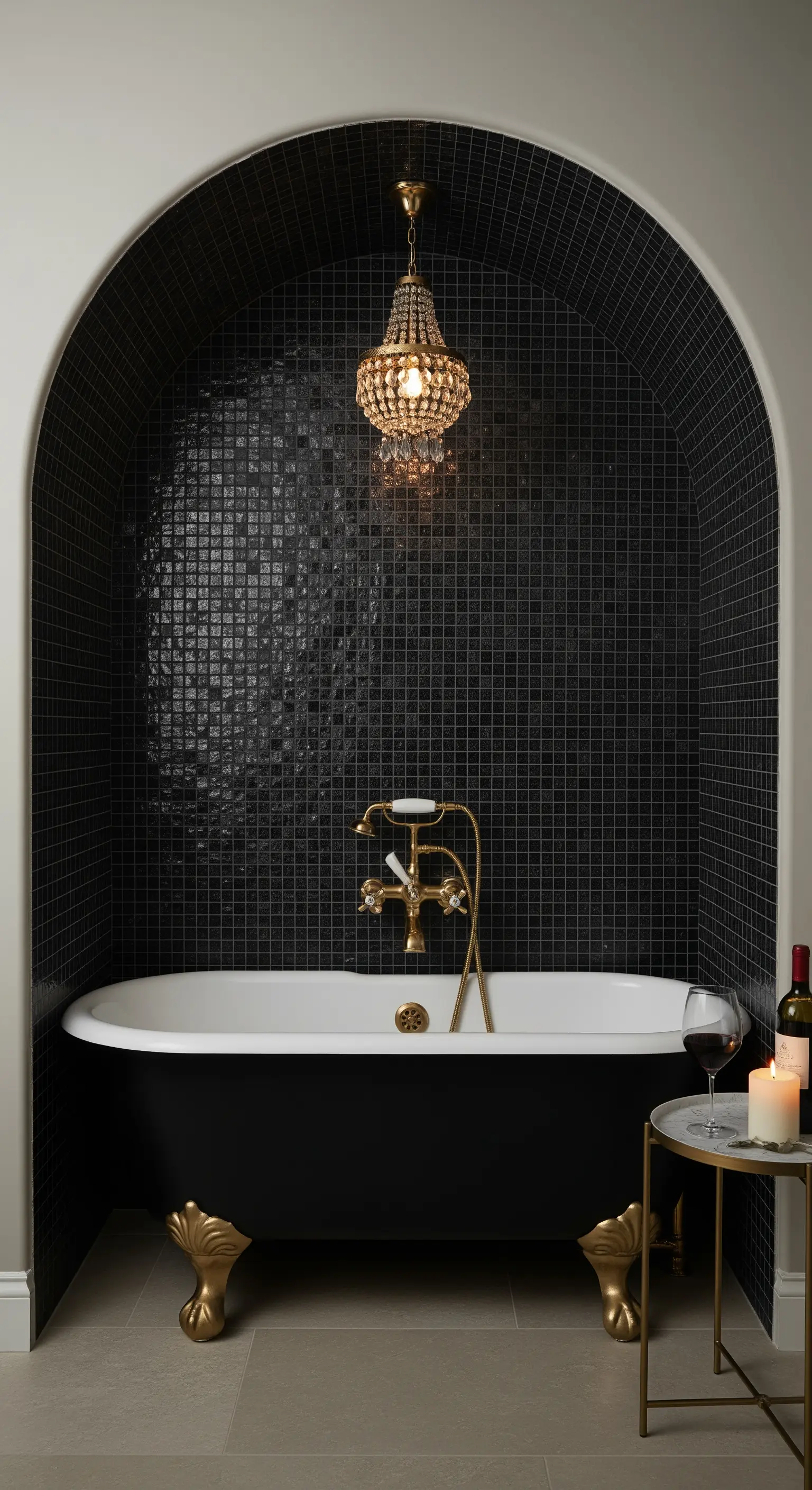 Schwarze Mosaik-Nische mit Bogen und freistehender Wanne
