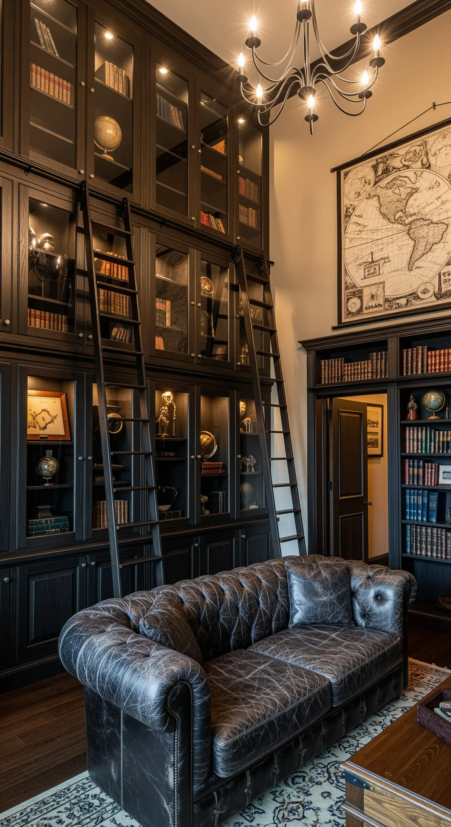 Raumhohe dunkle Bibliotheksregale mit Leiter und Glastüren im klassischen Stil