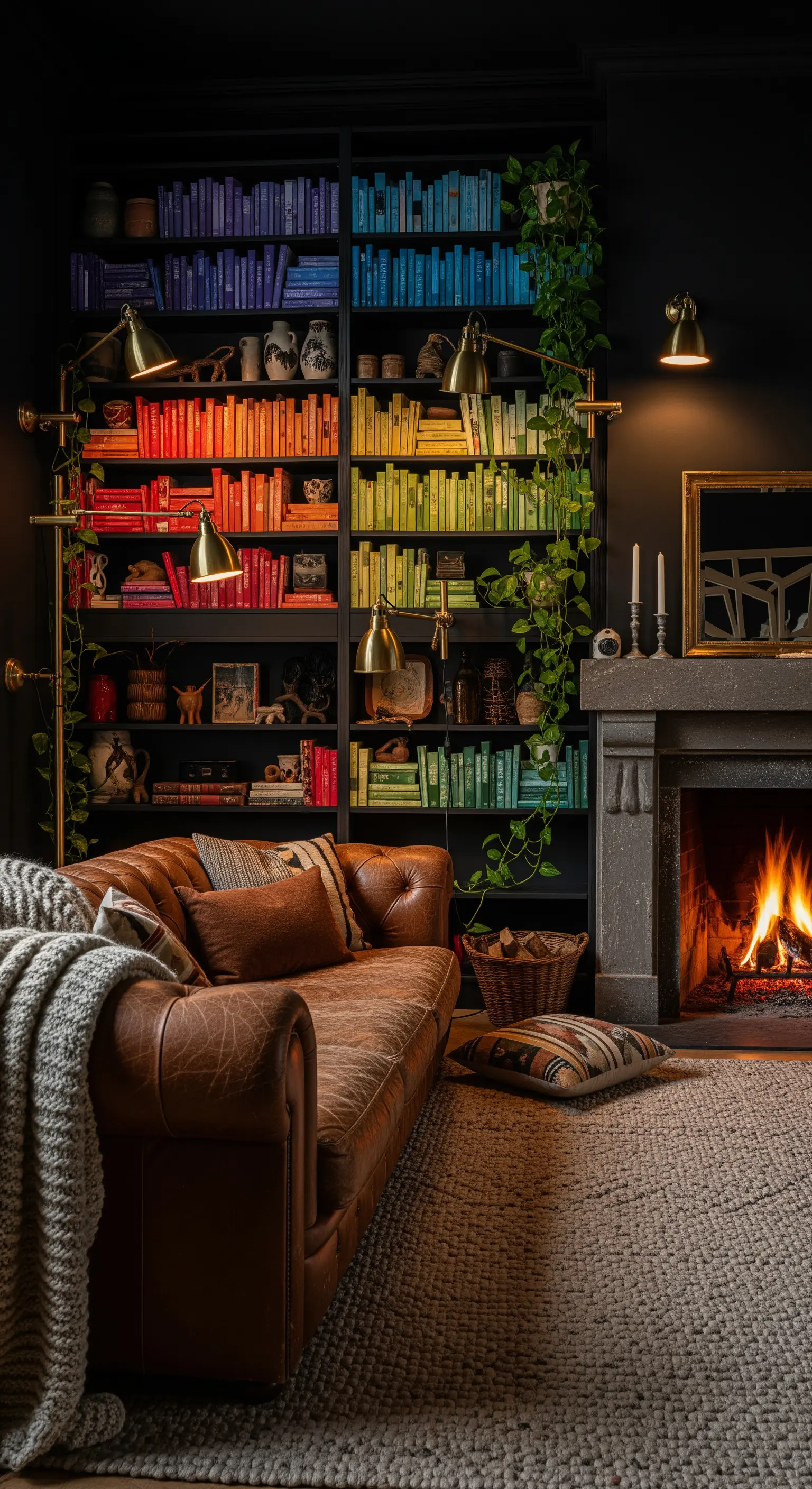 Schwarzes Bücherregal mit farbcodierten Büchern und Kamin