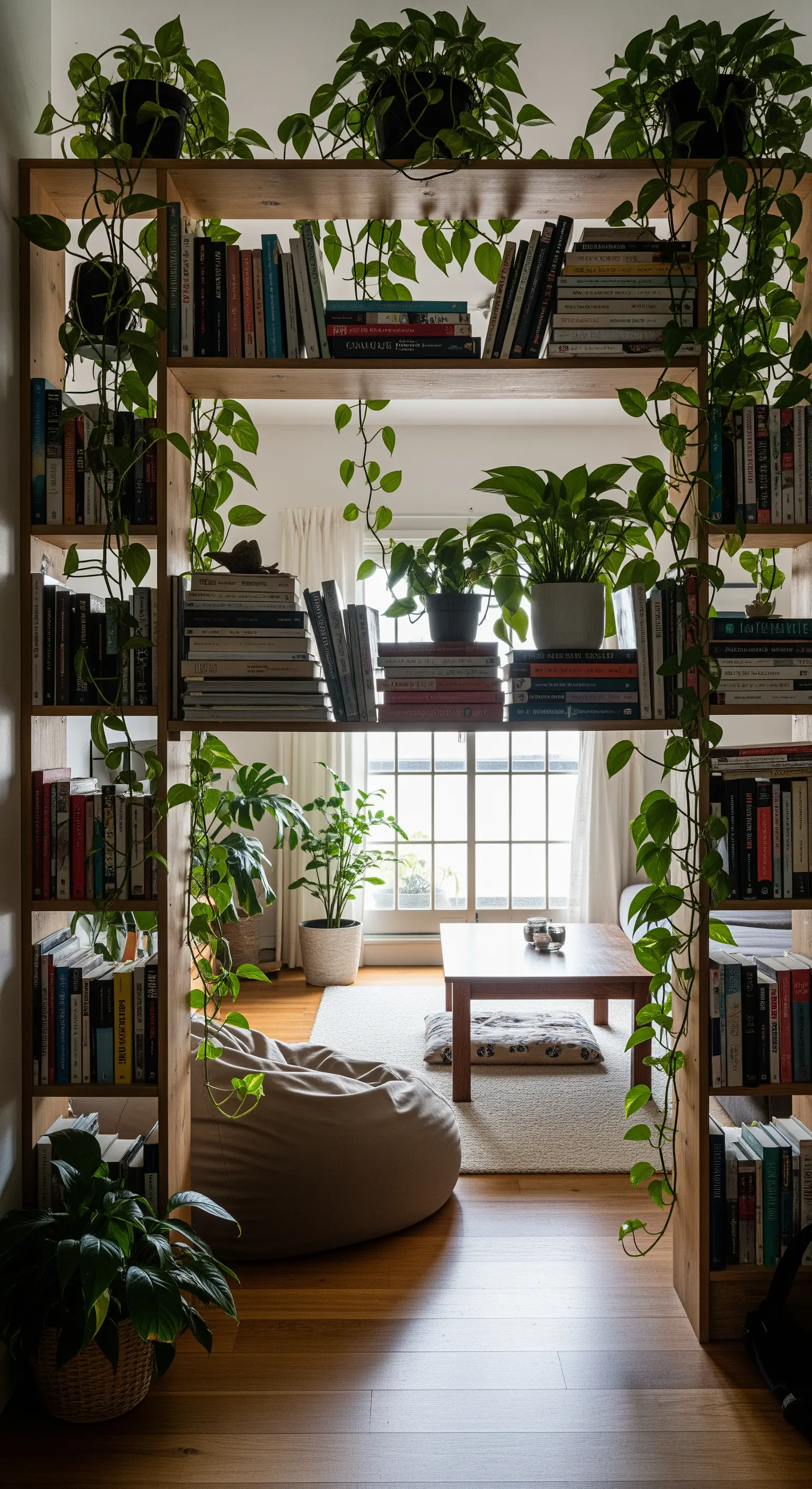 Holzregal als Raumteiler gefüllt mit Büchern und Efeututen