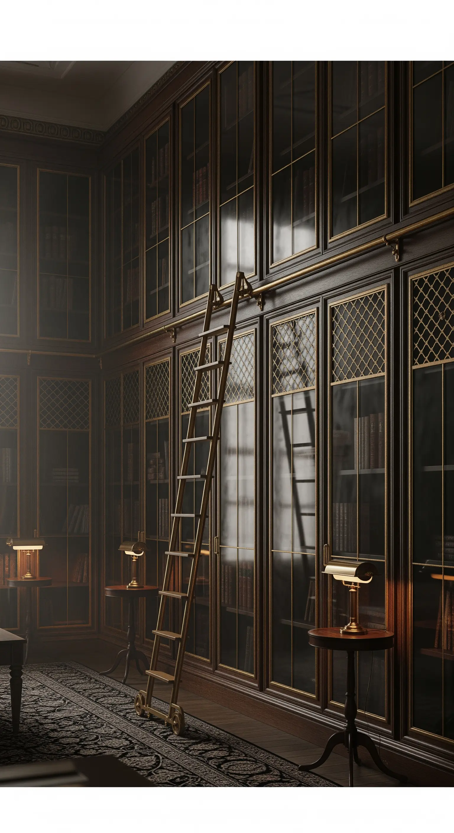 Bibliotheksleiter aus Gold vor dunklem Bücherregal