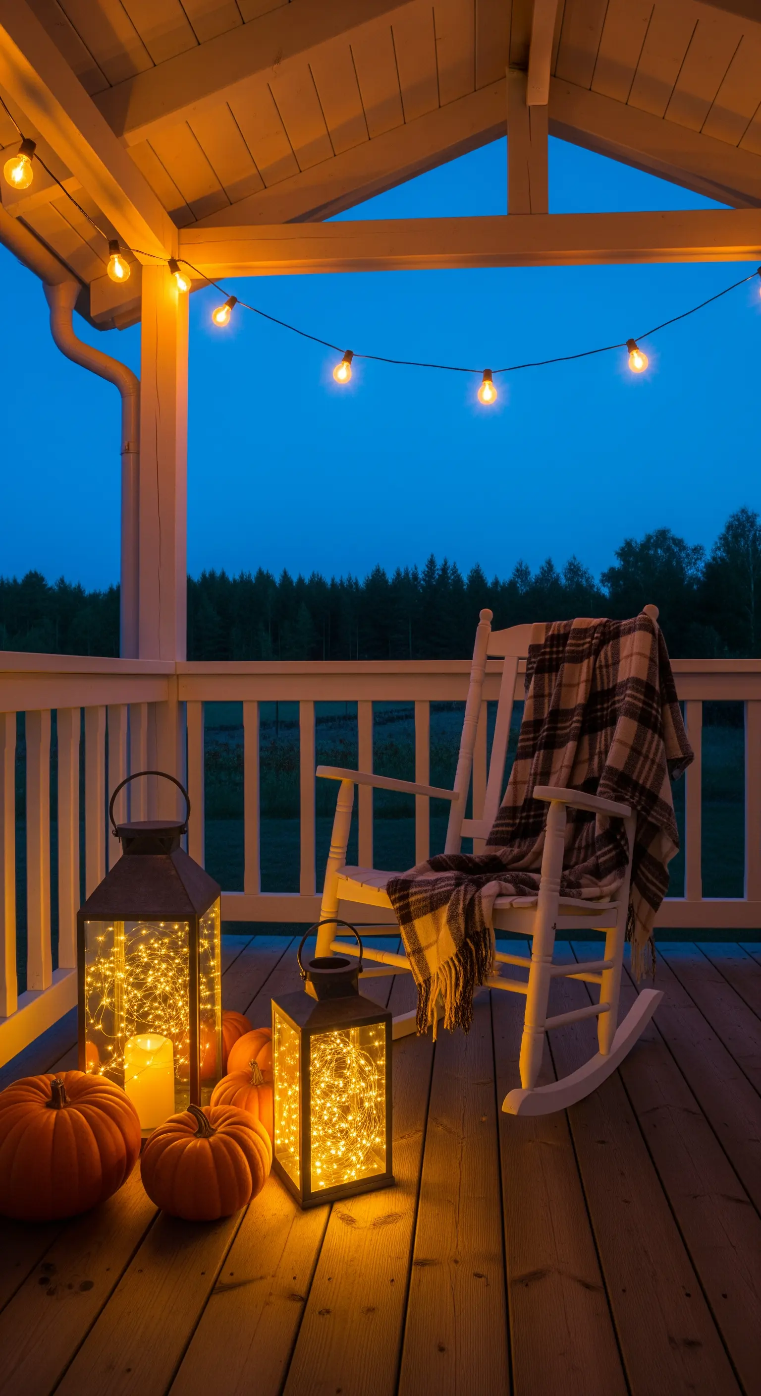 Veranda bei Dämmerung mit Schaukelstuhl, großen Laternen voller Lichter und Kürbissen