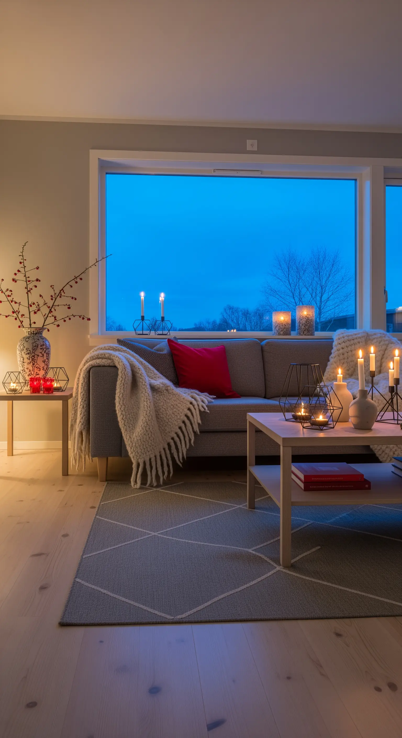 Modernes Wohnzimmer zur blauen Stunde mit Kerzenlicht