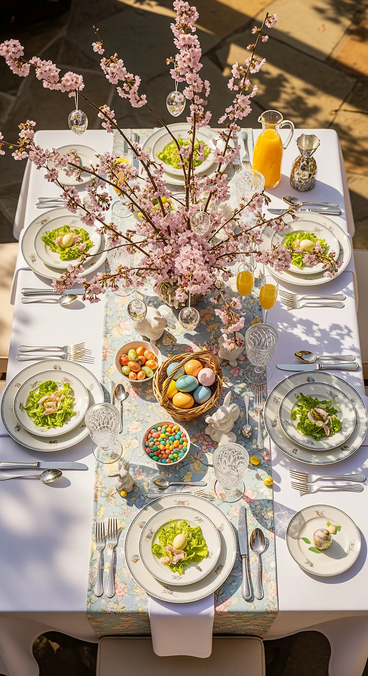 Festliche Tafel mit großem Kirschblütenzweig und Ostereiern