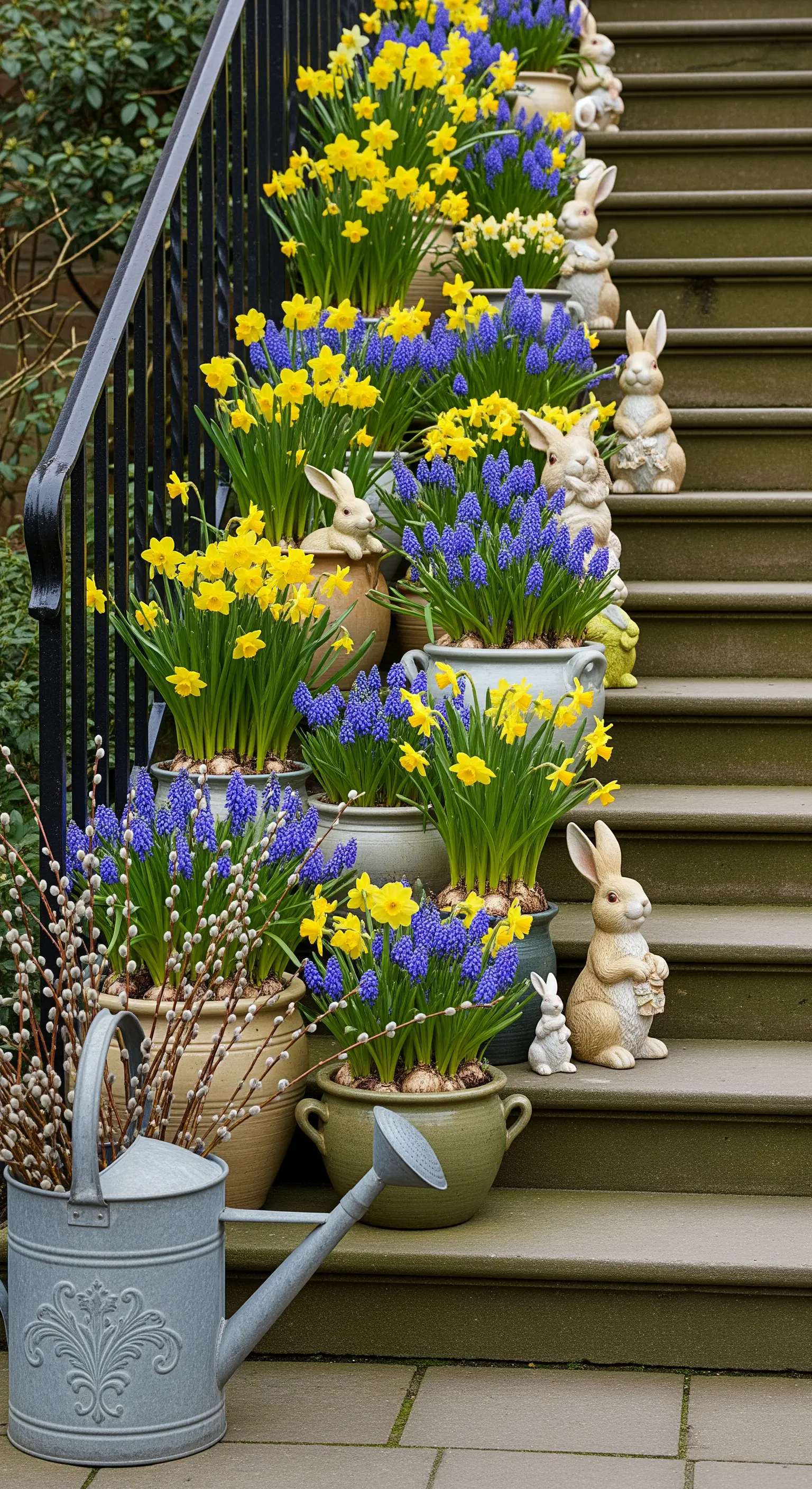 Treppenstufen dekoriert mit vielen Blumentöpfen und Hasen