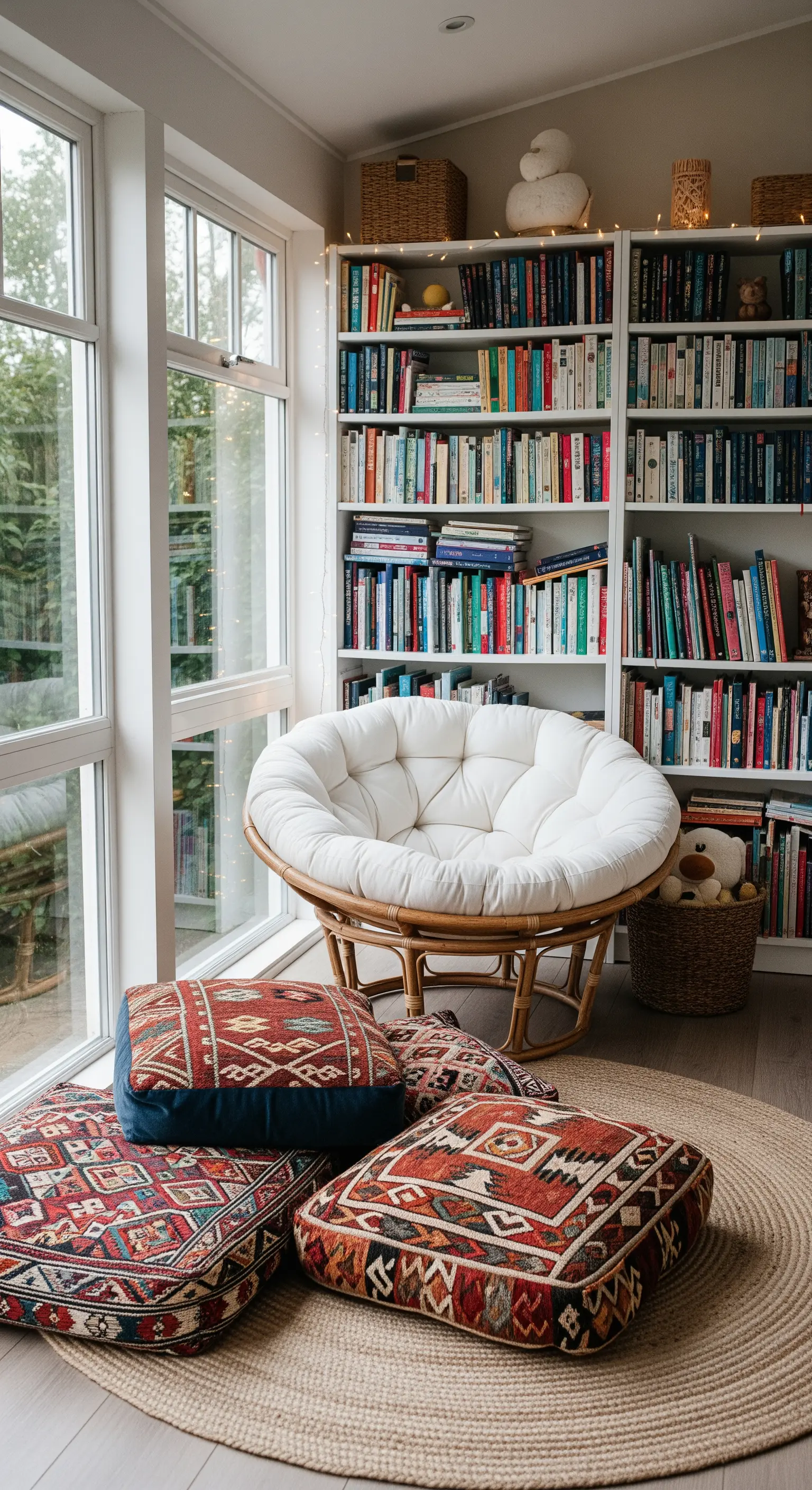 Leseecke mit Papasan-Sessel, vielen Büchern und Bodenkissen