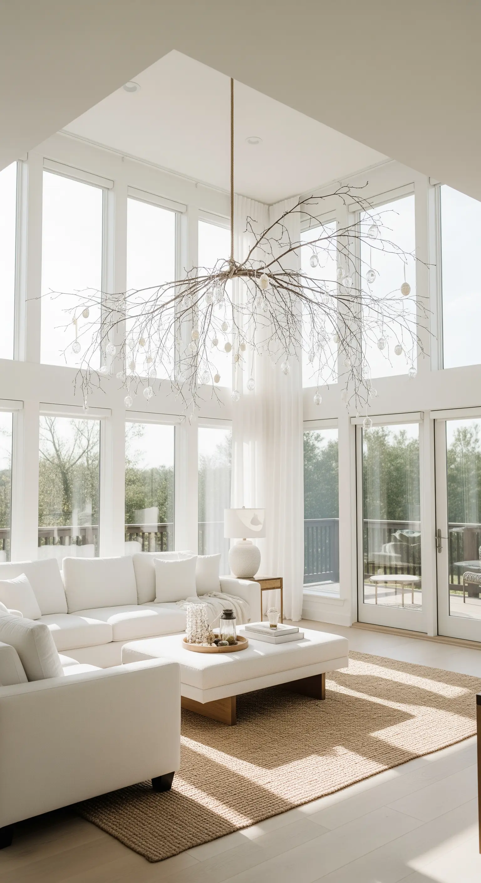 Hoher Raum mit Ast-Dekoration an der Decke