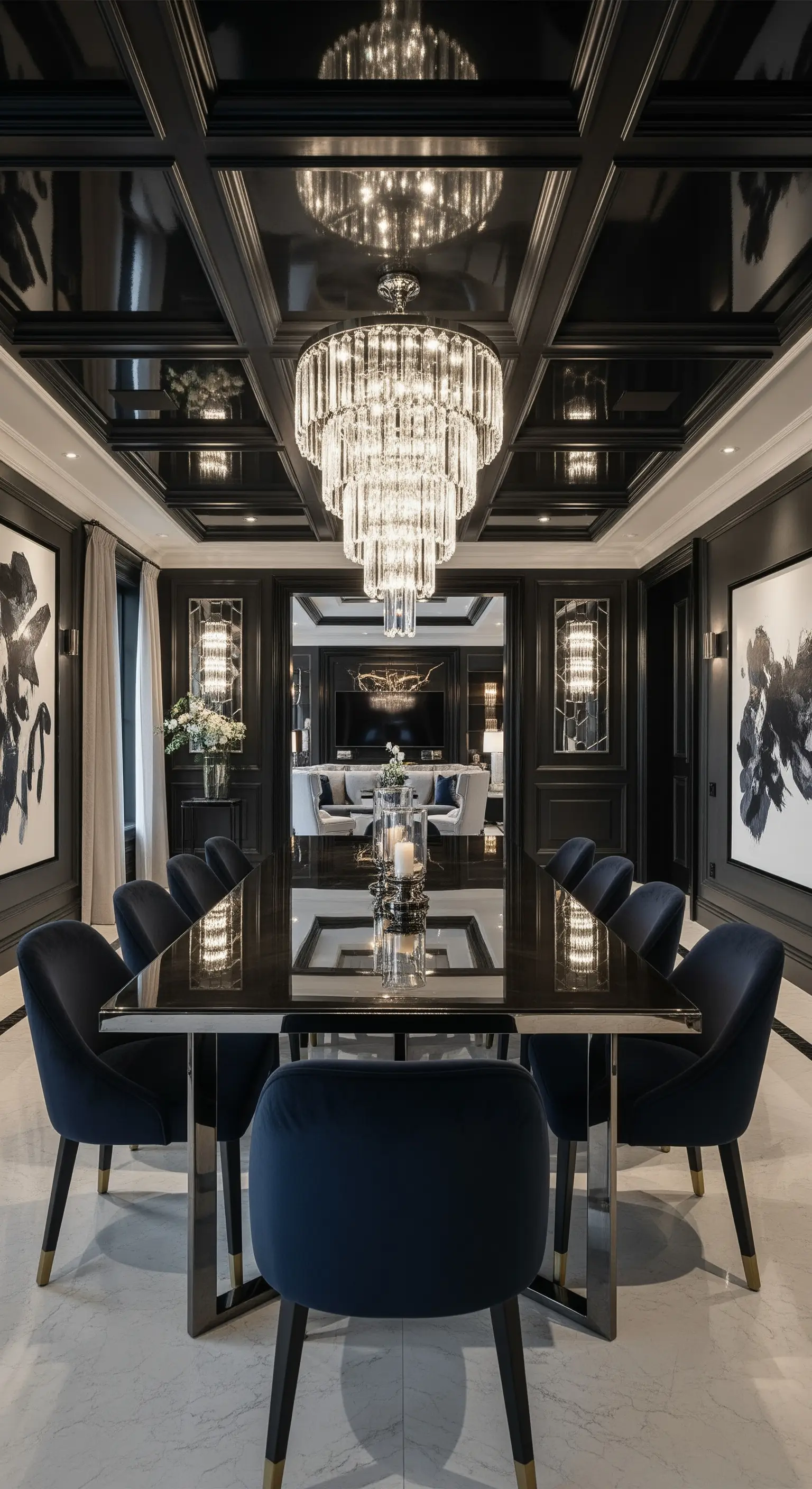 Esszimmer mit schwarzer Hochglanzdecke und Kronleuchter