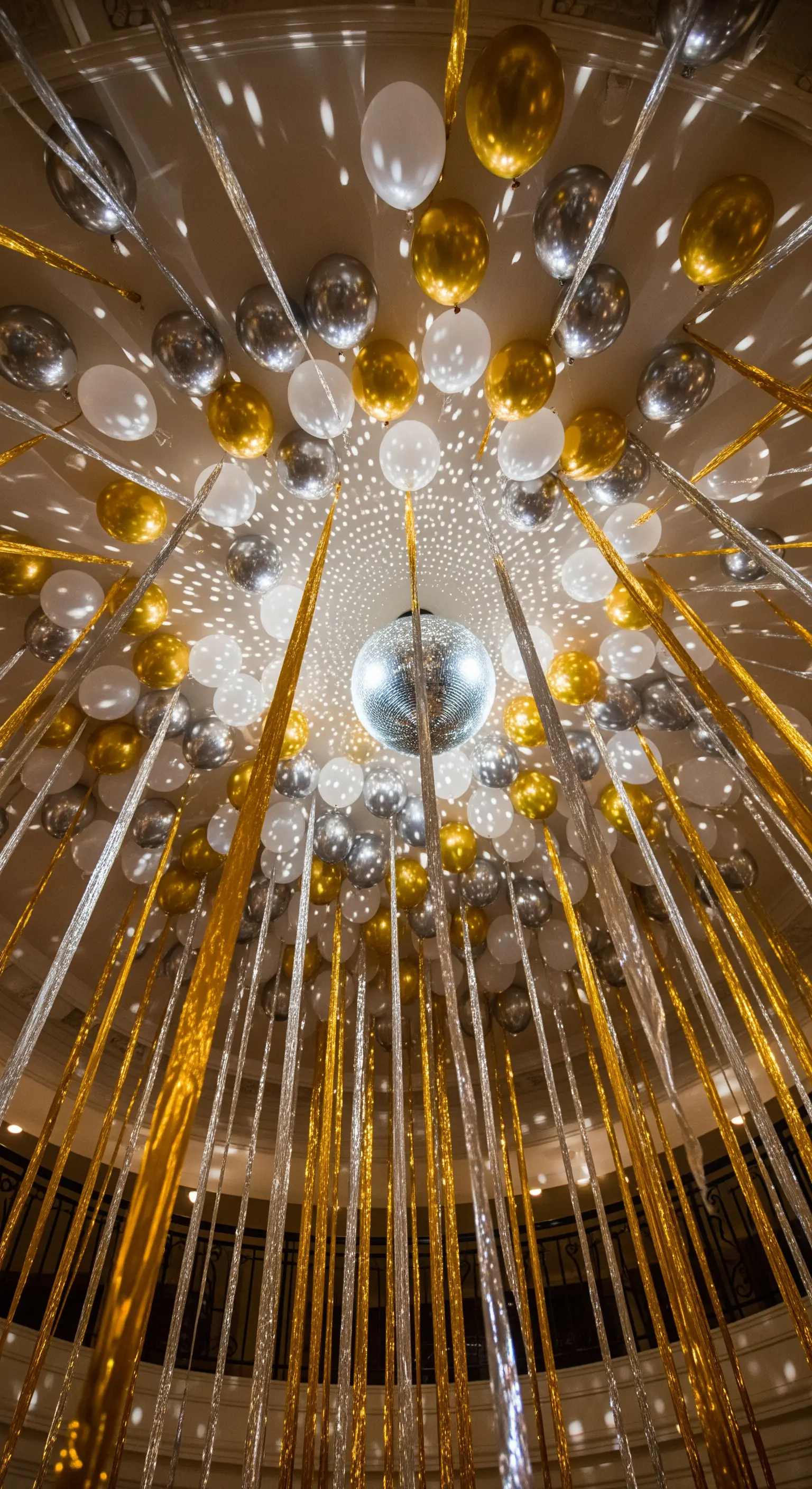 Decke voller goldener und silberner Ballons mit Diskokugel