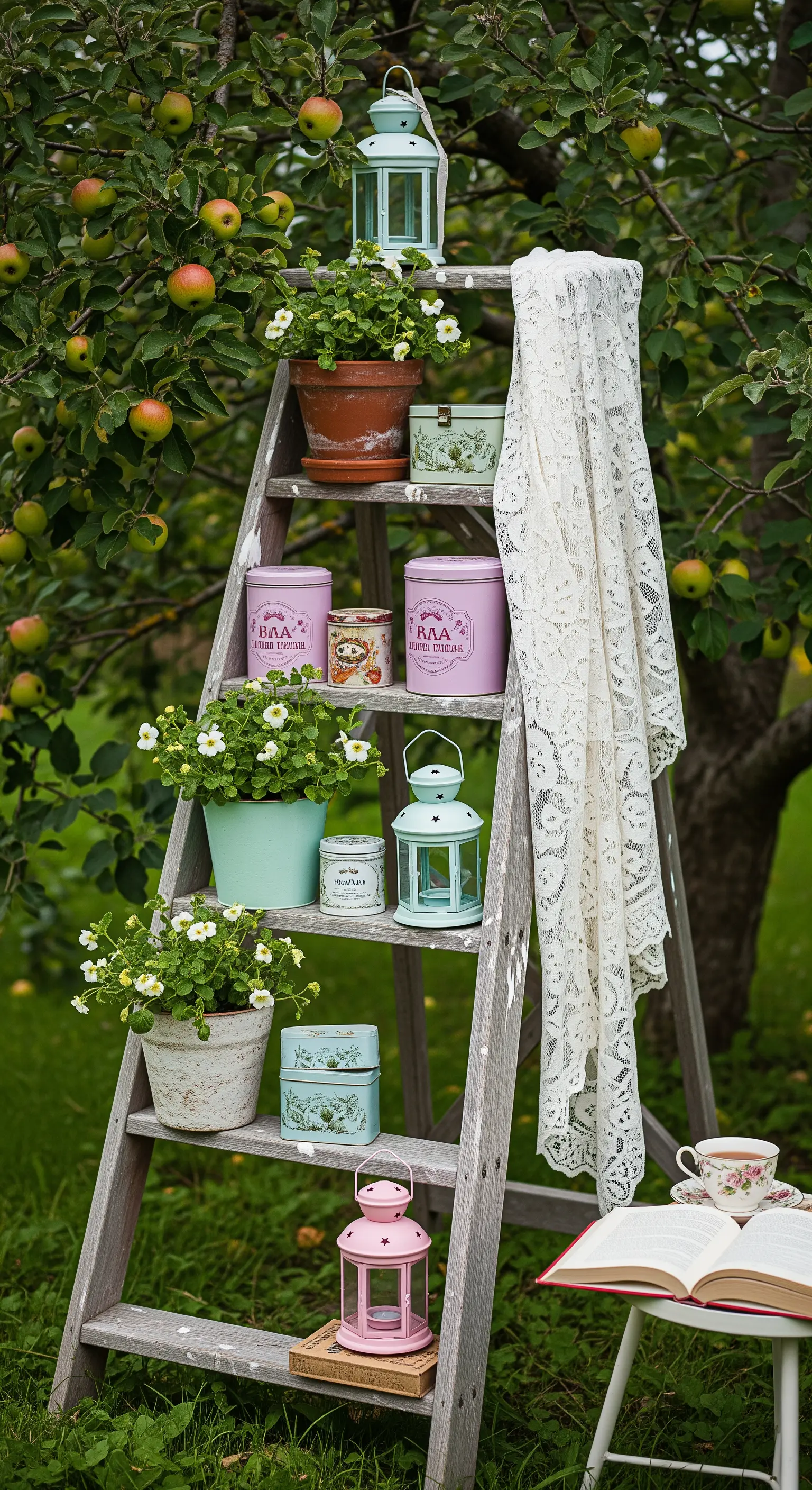 Holzleiter im Garten dekoriert mit Pflanzen, Dosen und Spitzendecke