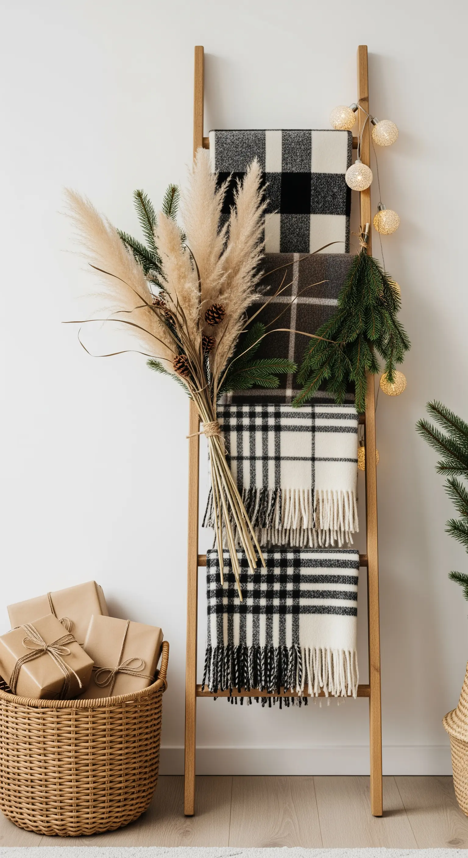 Holzleiter mit karierten Decken und einem Pampasgras-Strauß dekoriert
