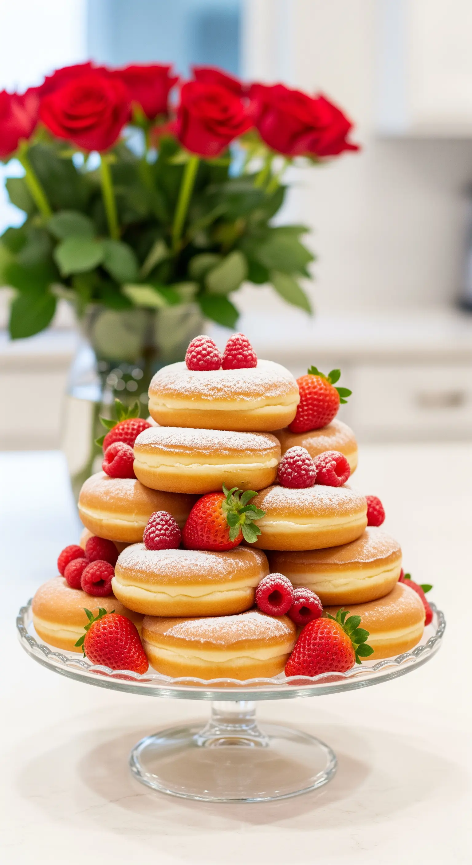 Stapel aus Donuts dekoriert mit Beeren auf Glasplatte