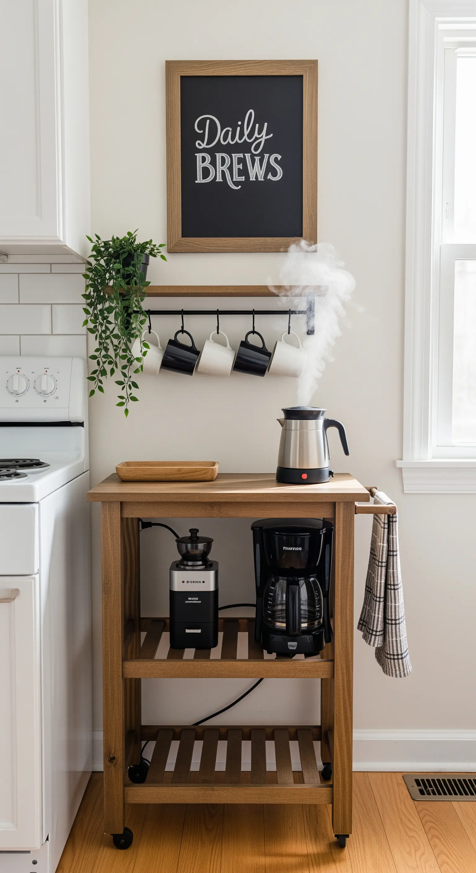 Kaffeebar auf Holzrollwagen mit Tassenhaken