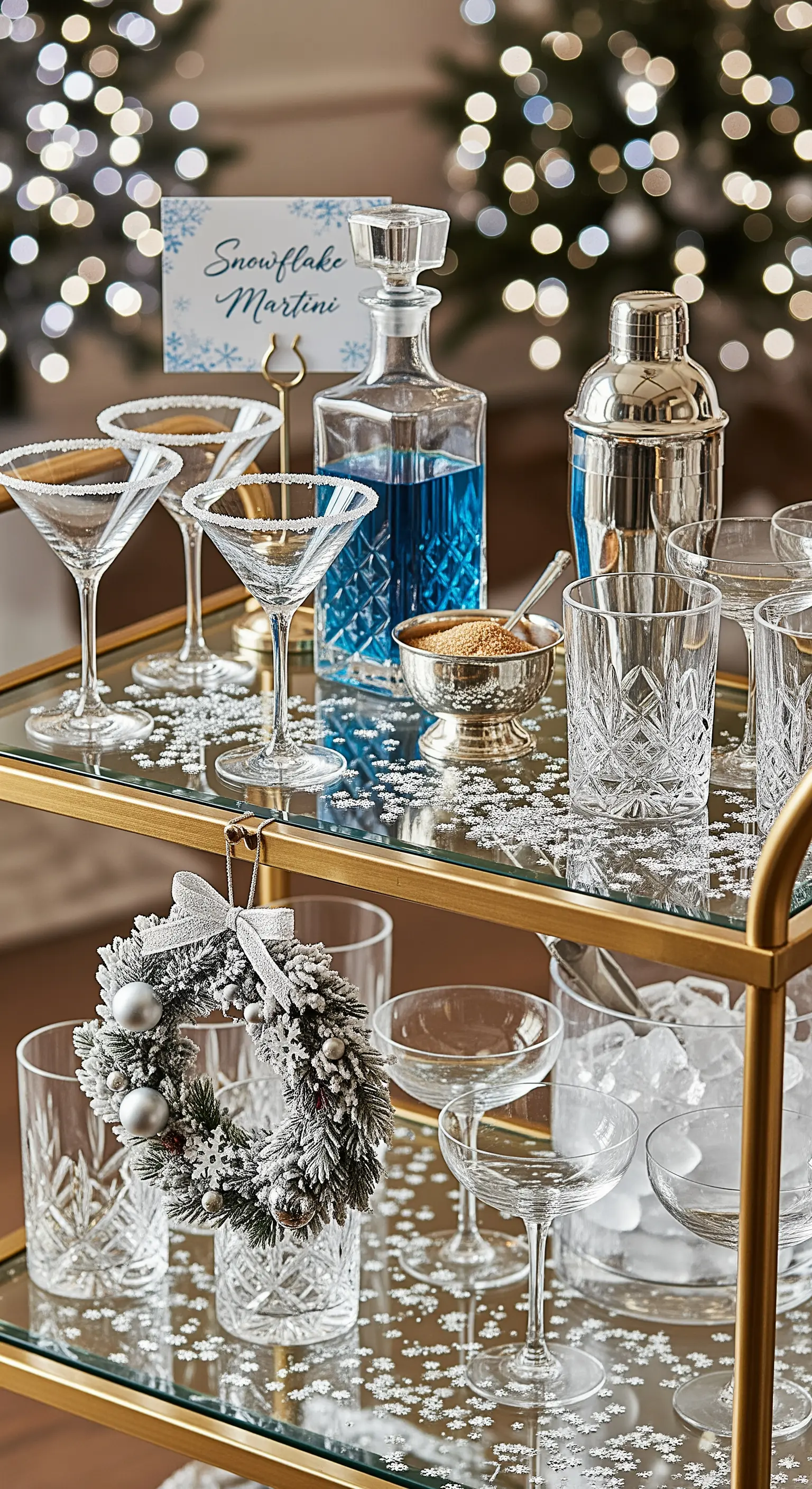 Barwagen mit blauen Getränken und Schneeflockendeko