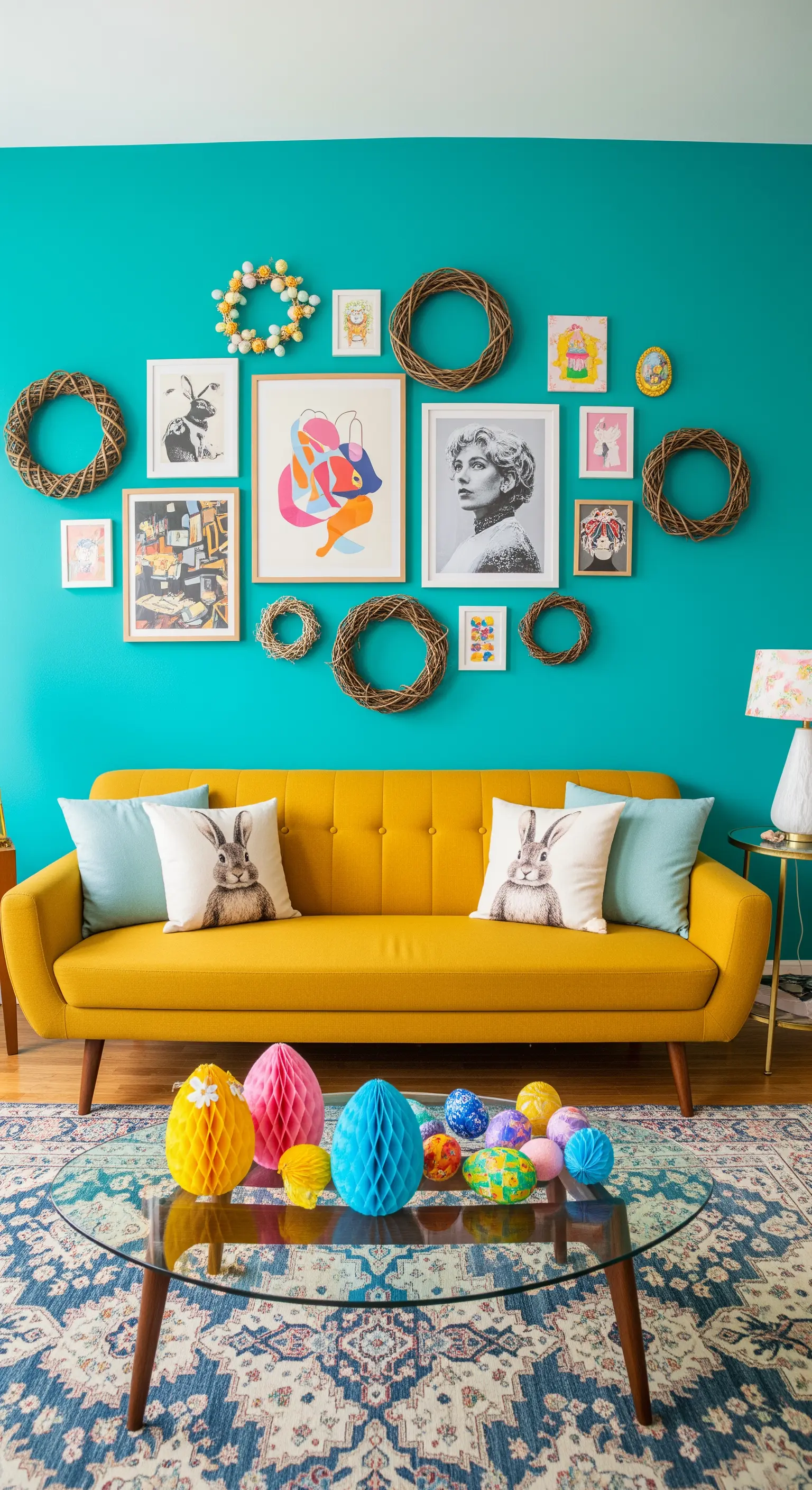 Blaue Wand mit Bildergalerie und Weidenkränzen