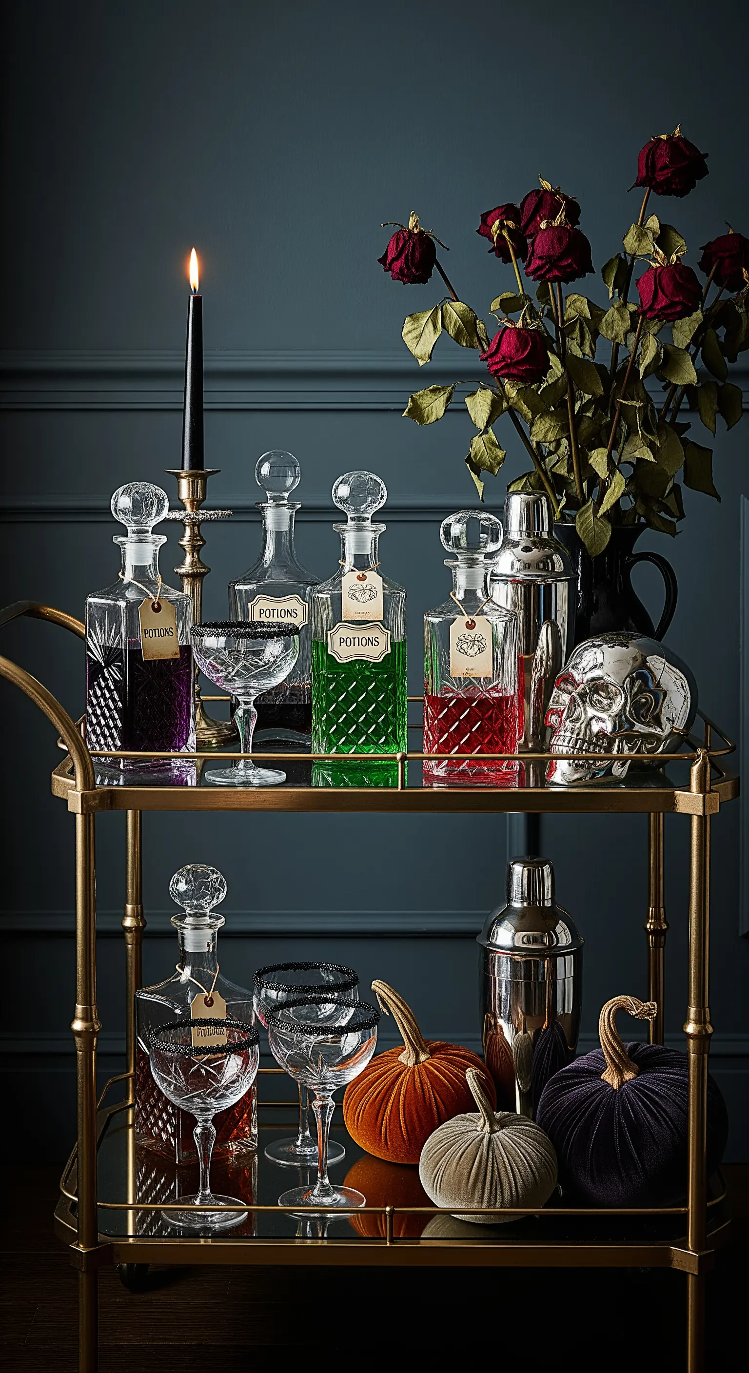 Barwagen mit bunten Karaffen und toten Rosen