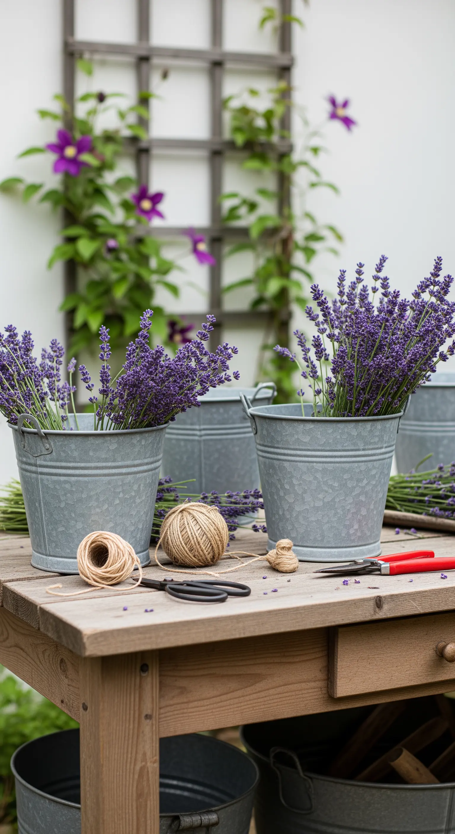 Zinkeimer voller Lavendel auf einem hölzernen Gartentisch
