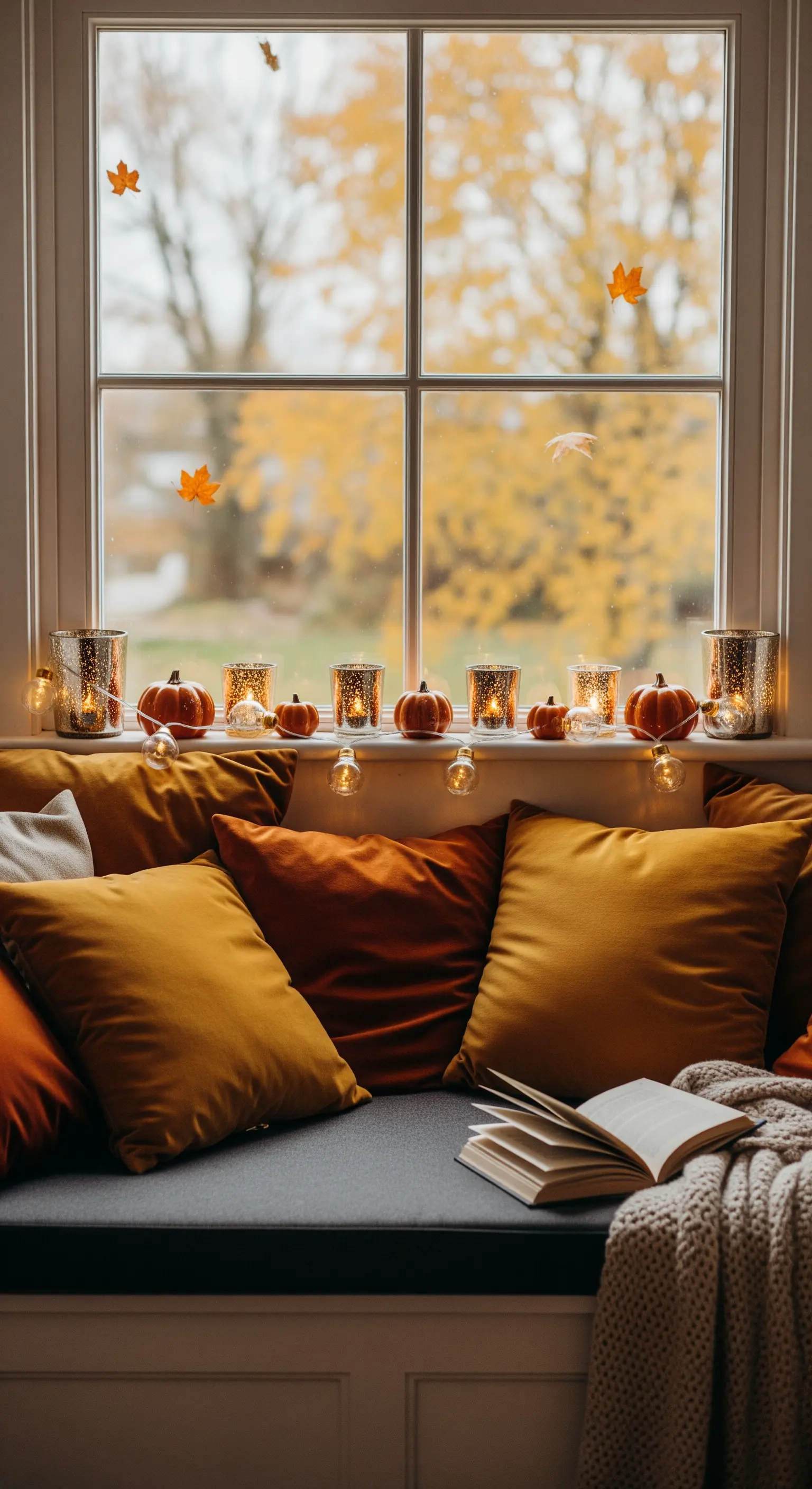 Gemütliche Fensterbank mit gelben Samtkissen, Kerzengläsern und Herbstblättern am Fenster