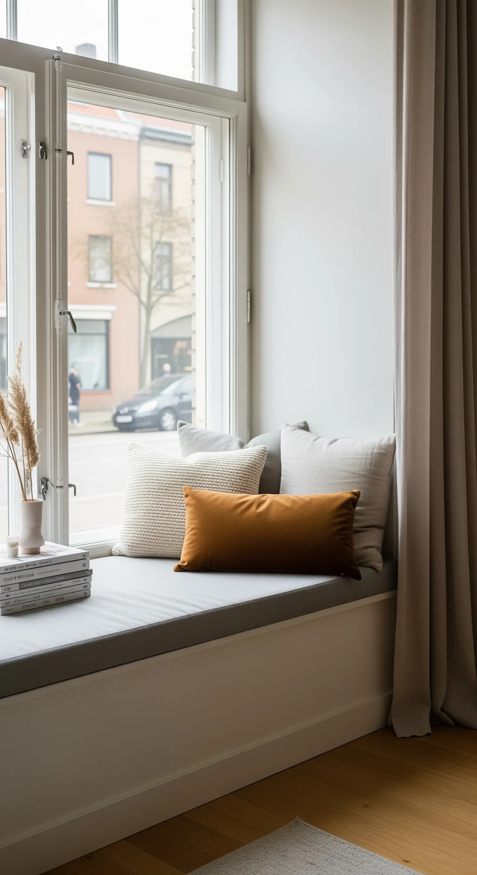 Fensterbank mit Sitzpolstern und Kissen dekoriert