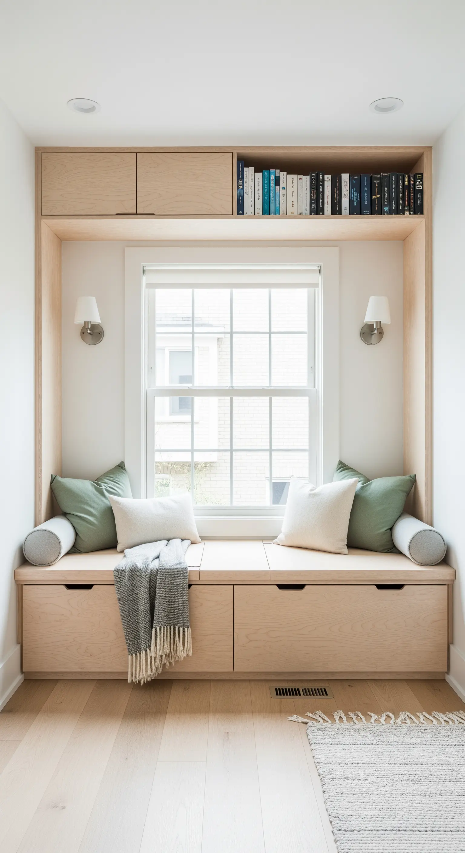 Helle Fenstersitzbank mit Holzschubladen und Bücherregal