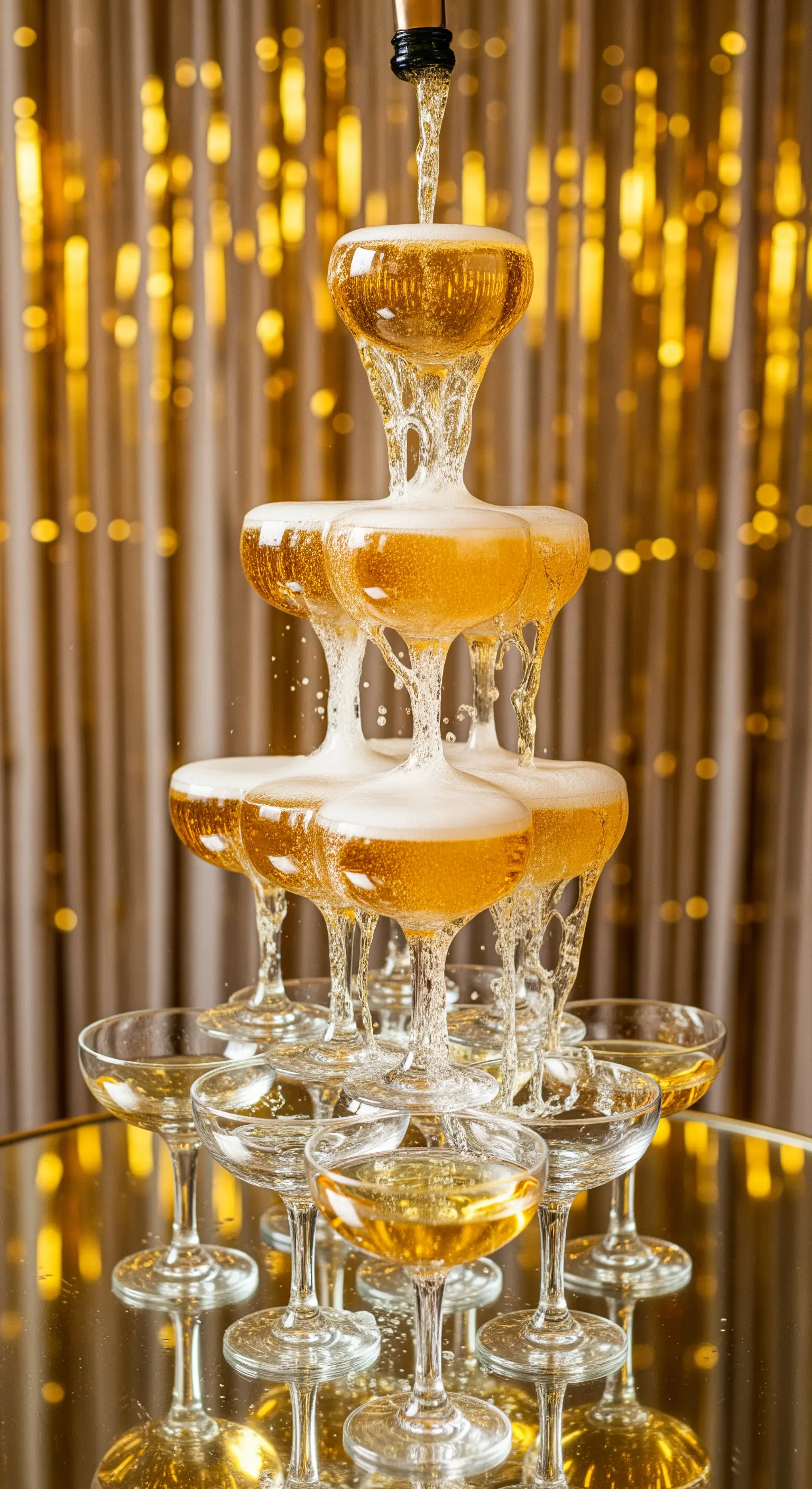 Champagner-Turm, in den goldener Sekt eingeschenkt wird
