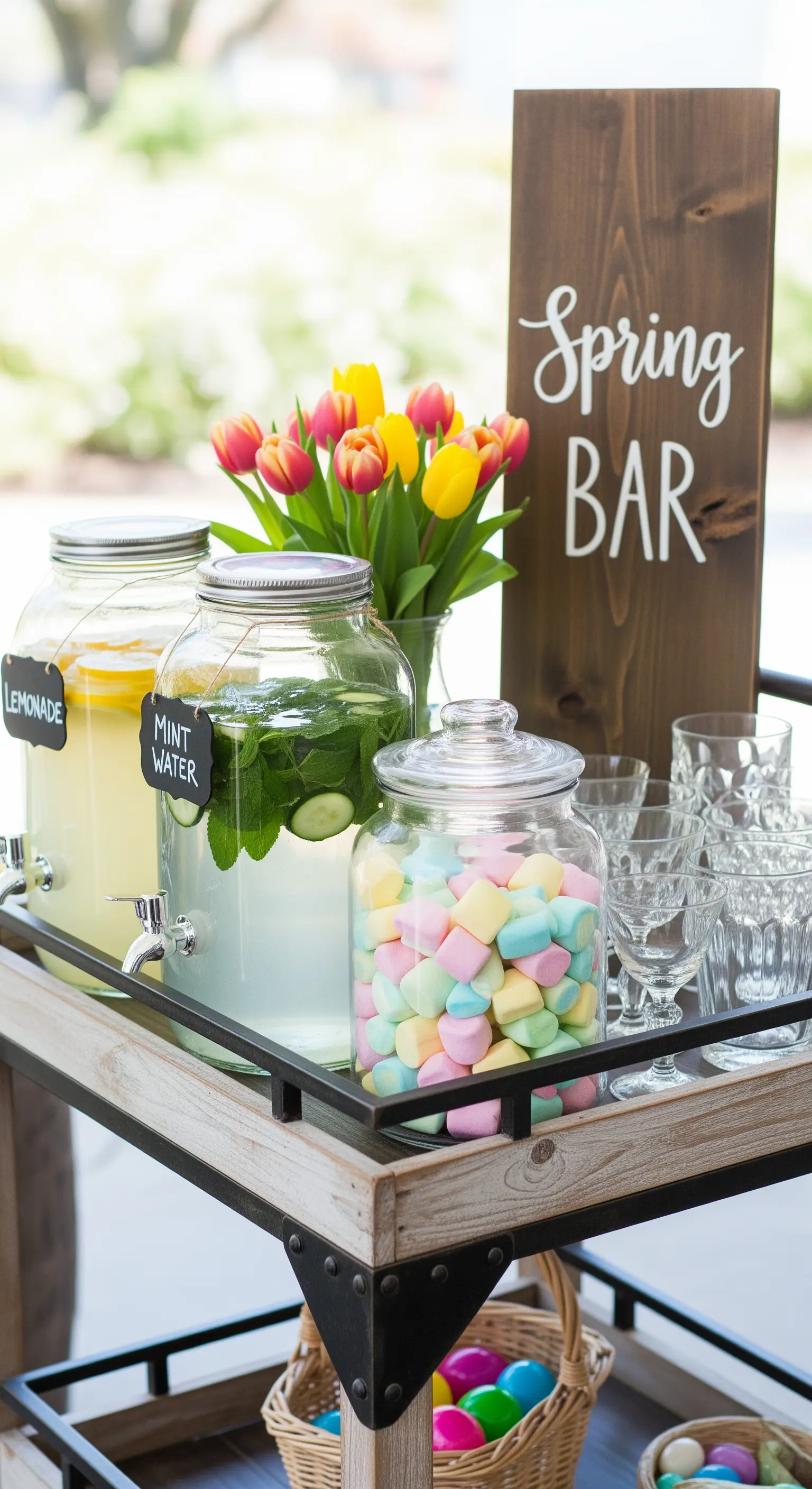 Servierwagen mit Getränkespendern, Marshmallows und Tulpen