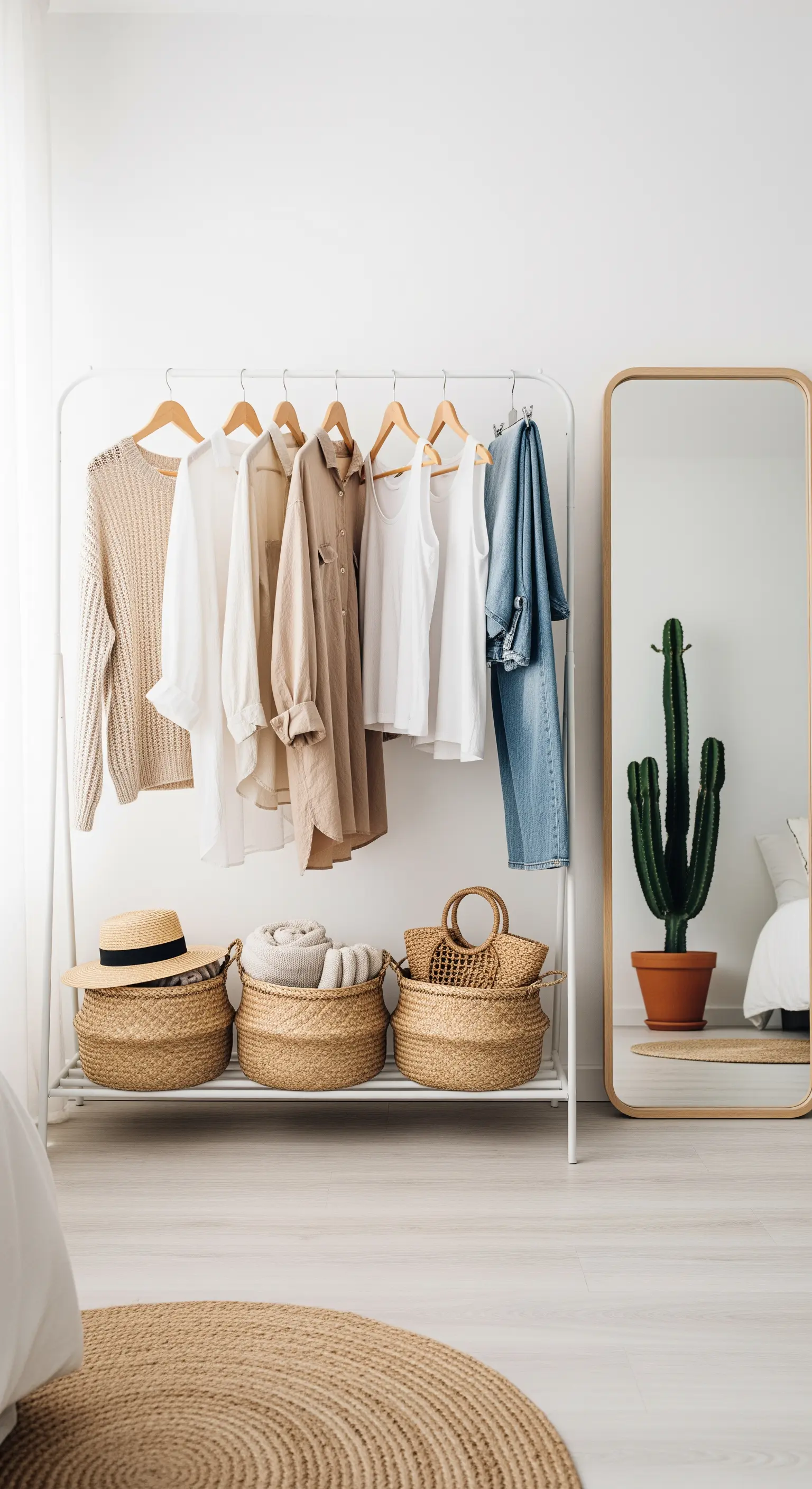 Weißer Kleiderständer mit farblich sortierter Kleidung