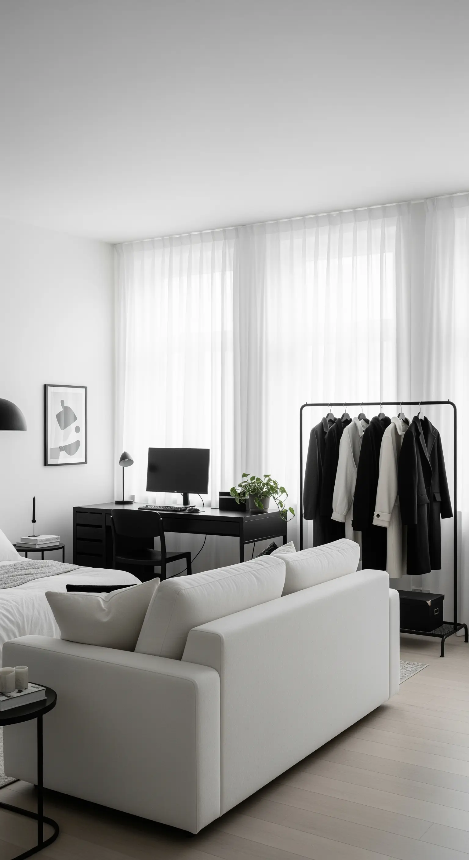 Schlafzimmer mit weißem Sofa und offener Kleiderstange mit schwarzer und weißer Kleidung