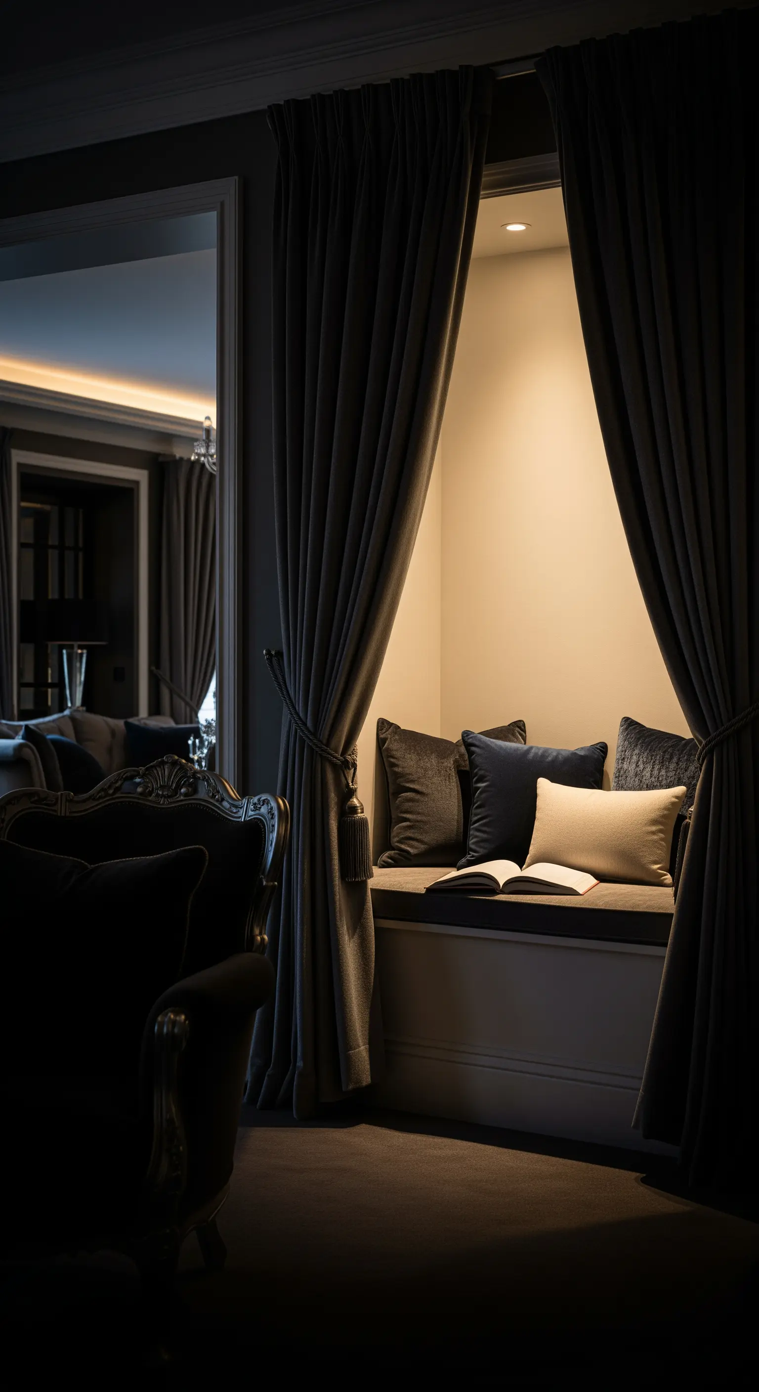 Beleuchtete Sitznische im Fenster mit Vorhängen