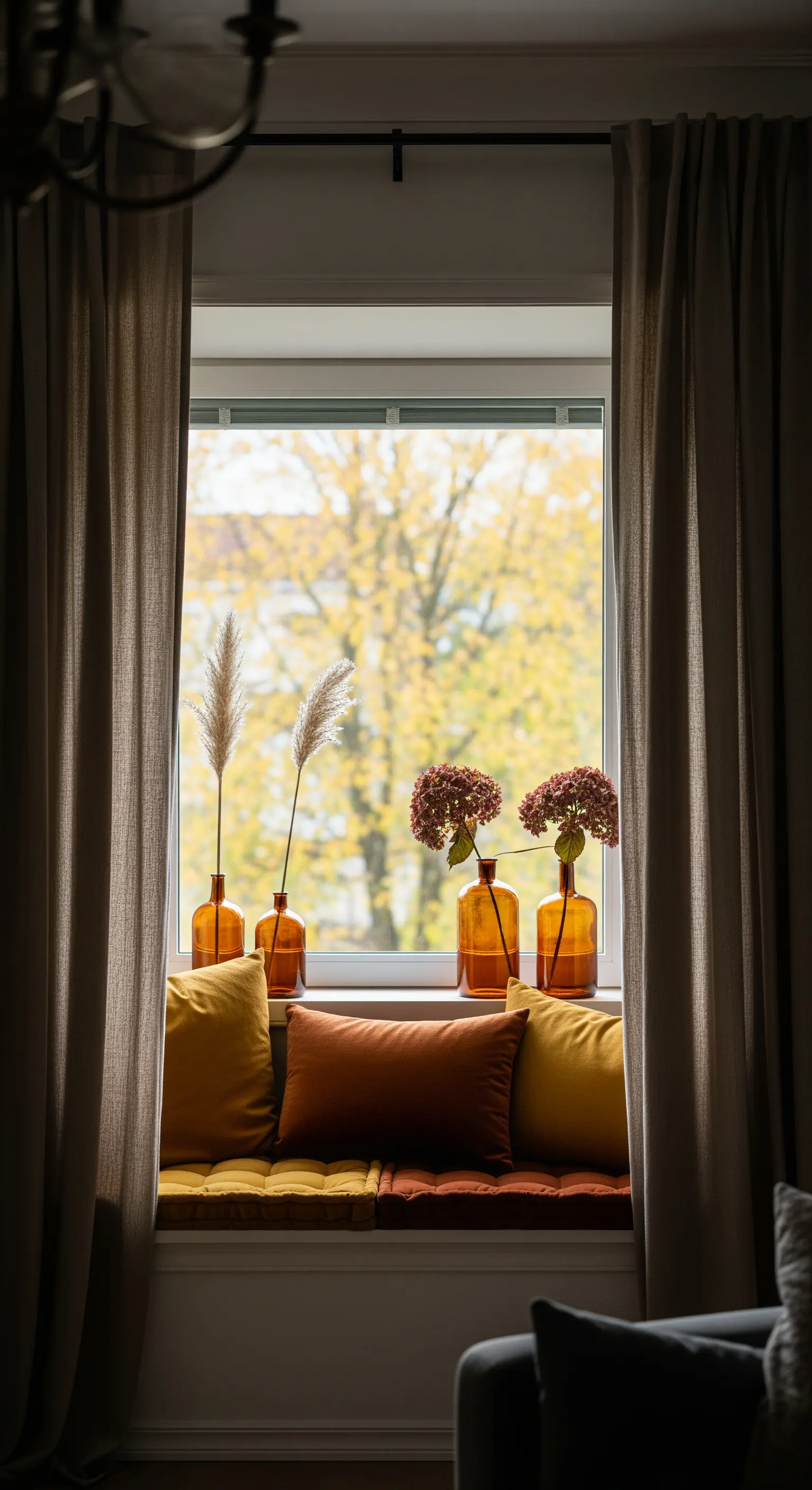 Fensterbank mit Bernsteinflaschen und Kissen