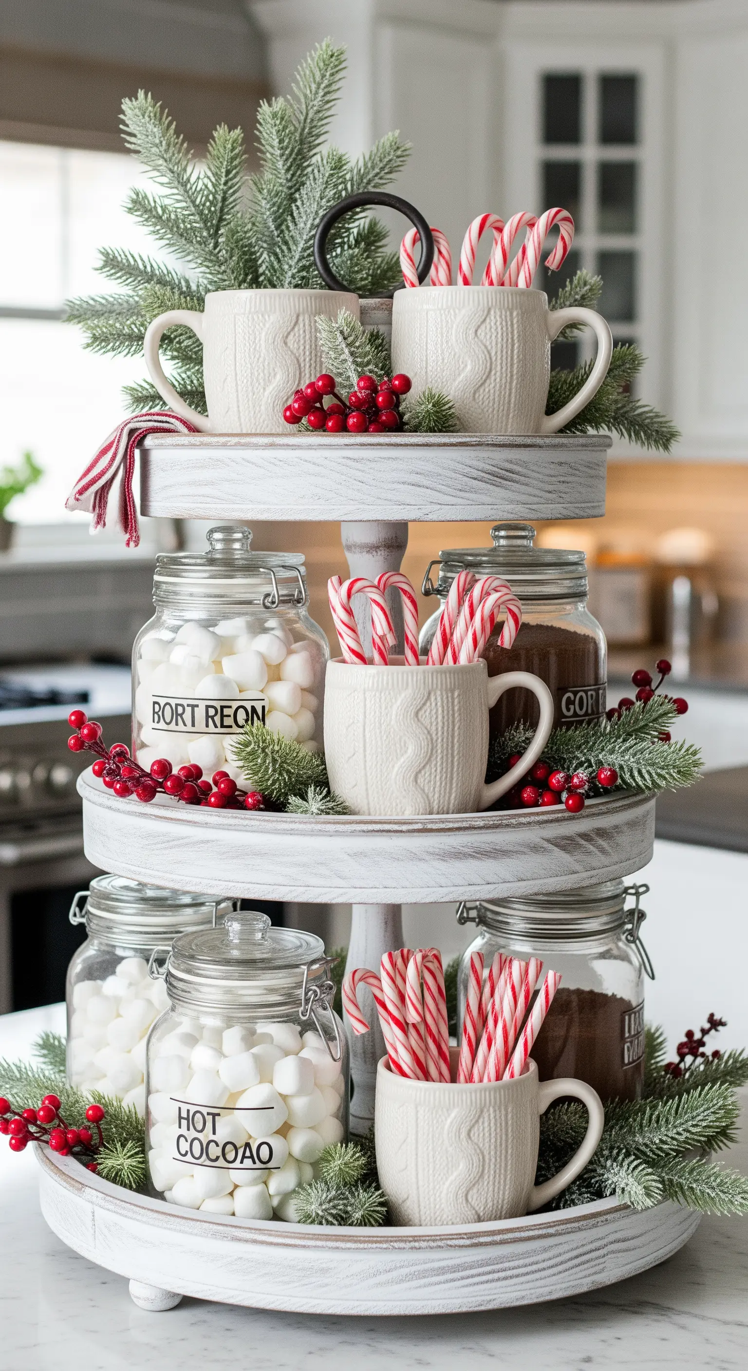 Weiße Holzetagere als Kakao-Station mit Gläsern und Stricktassen