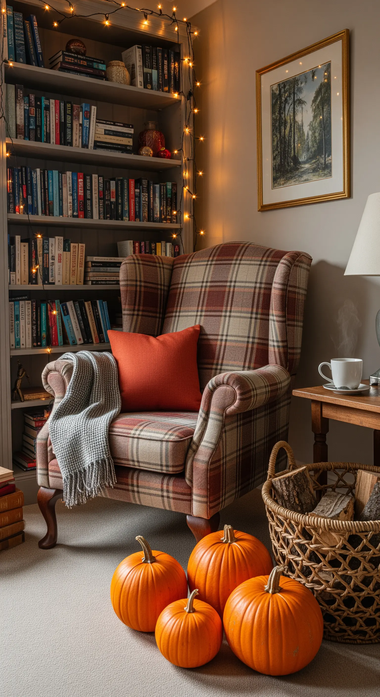 Karierte Ohrensessel-Leseecke mit Bücherregal-Beleuchtung und Kürbissen am Boden