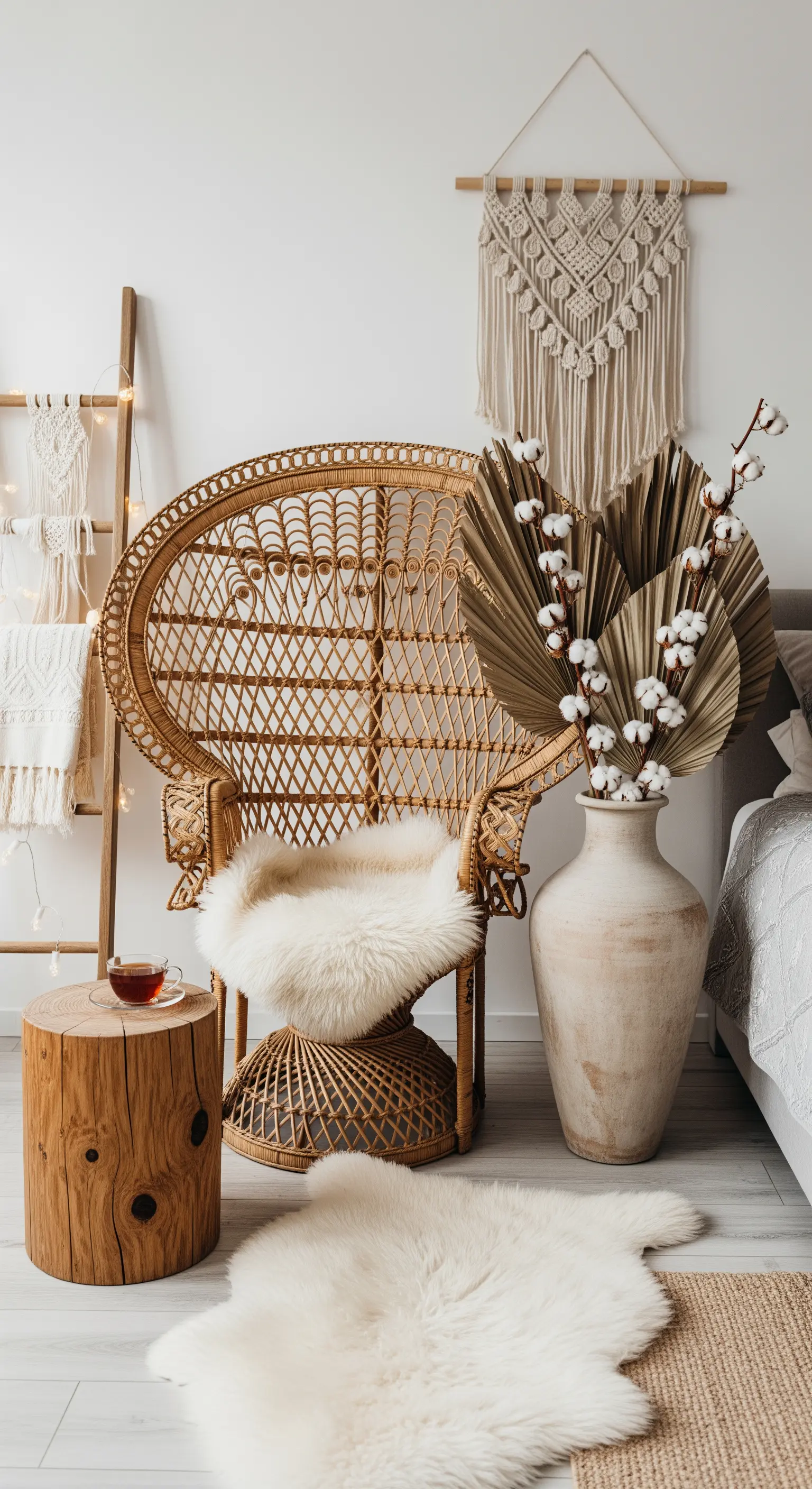Rattansessel mit Fell und großer Vase mit Baumwollzweigen