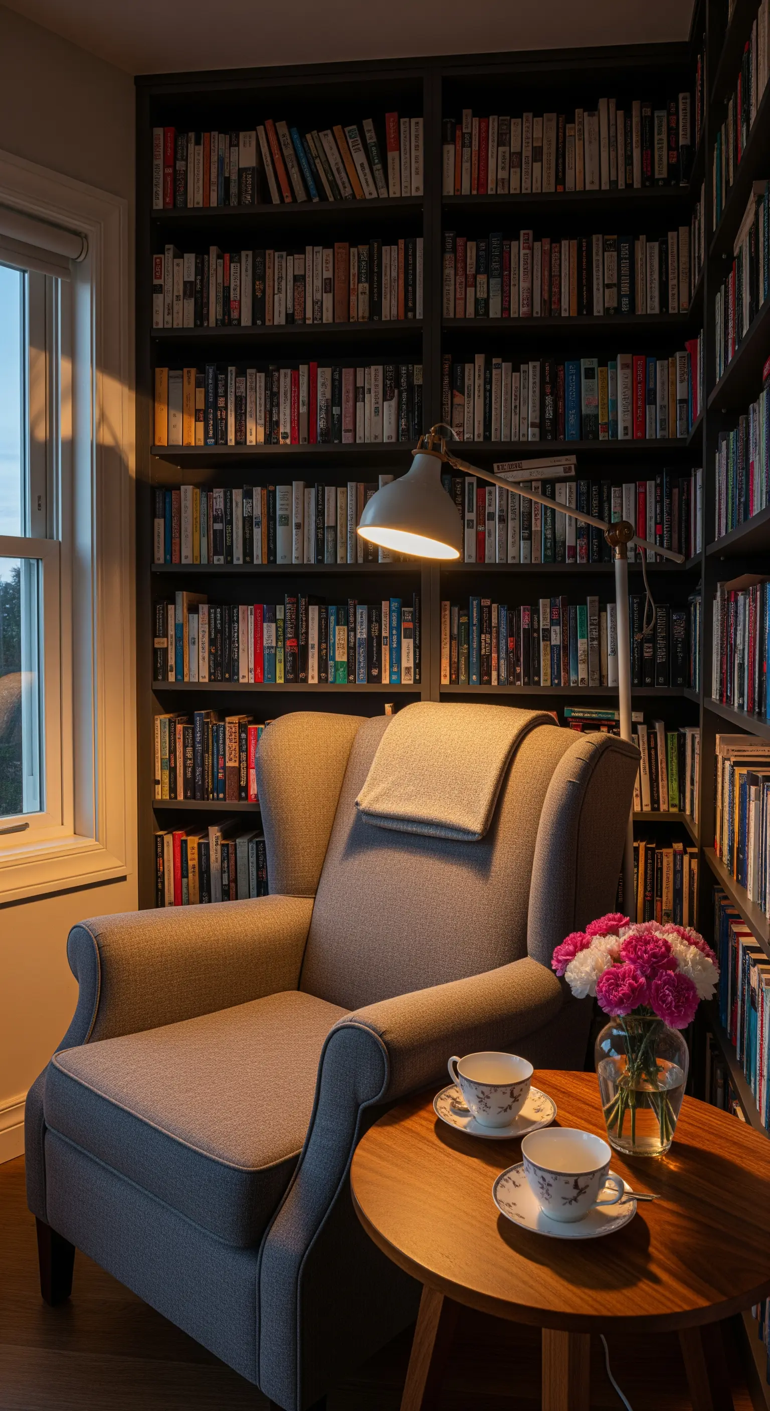 Gemütlicher Sessel vor Bücherwand mit Tee und Lampe
