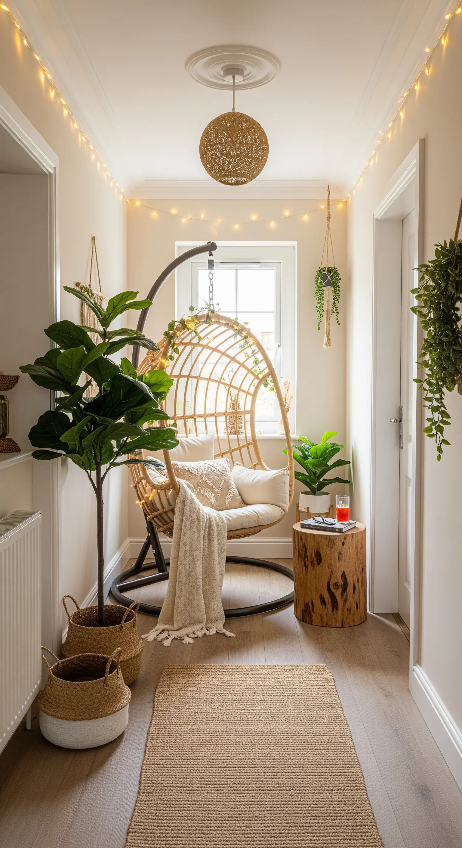 Hängesessel im Flur mit Lichterkette und großer Pflanze