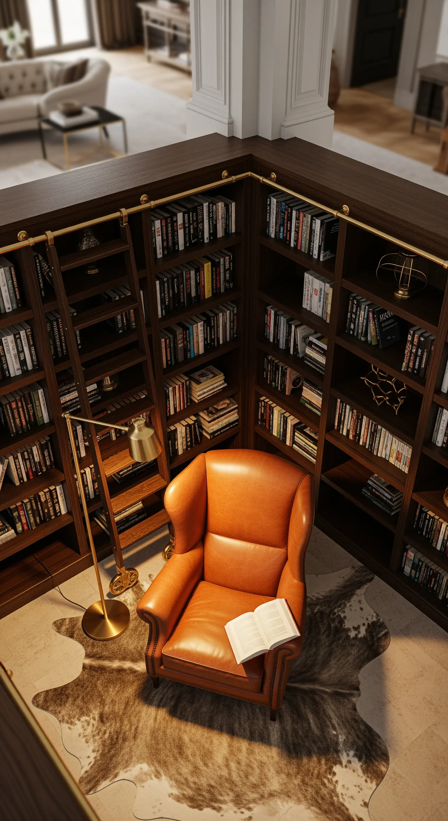 Bibliotheksecke mit dunklen Regalen und Ledersessel