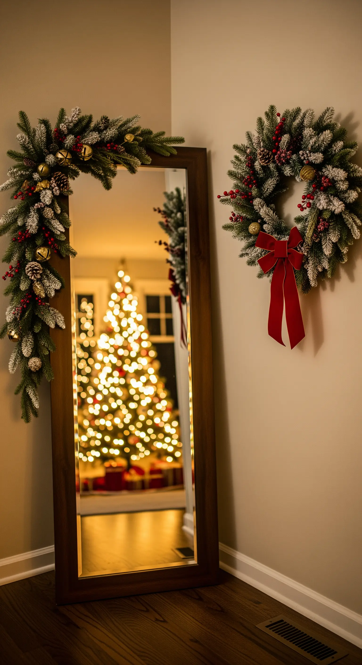 Standspiegel mit Girlande und reflektiertem Weihnachtsbaum