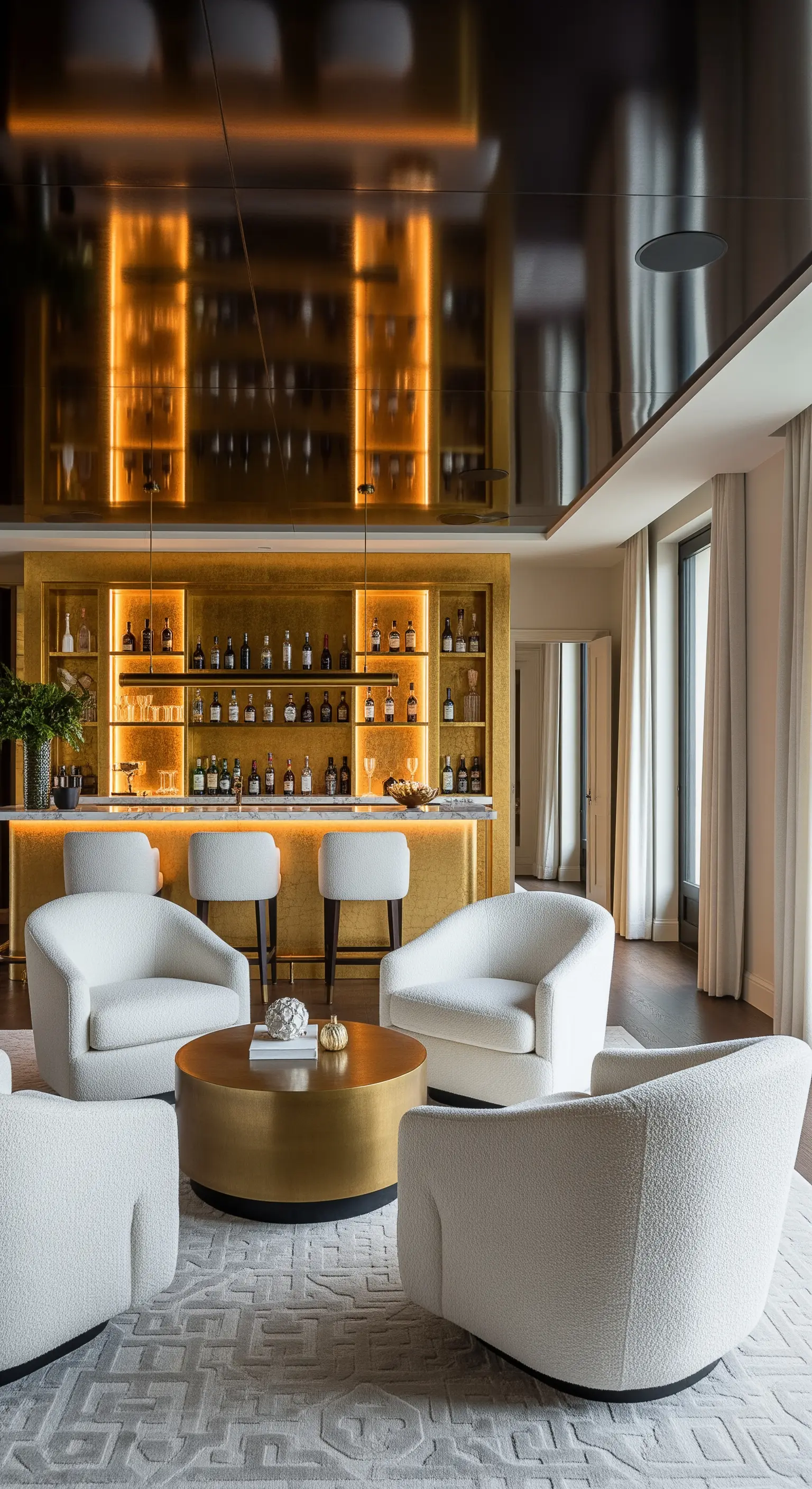 Goldene beleuchtete Hausbar mit weißen Sesseln