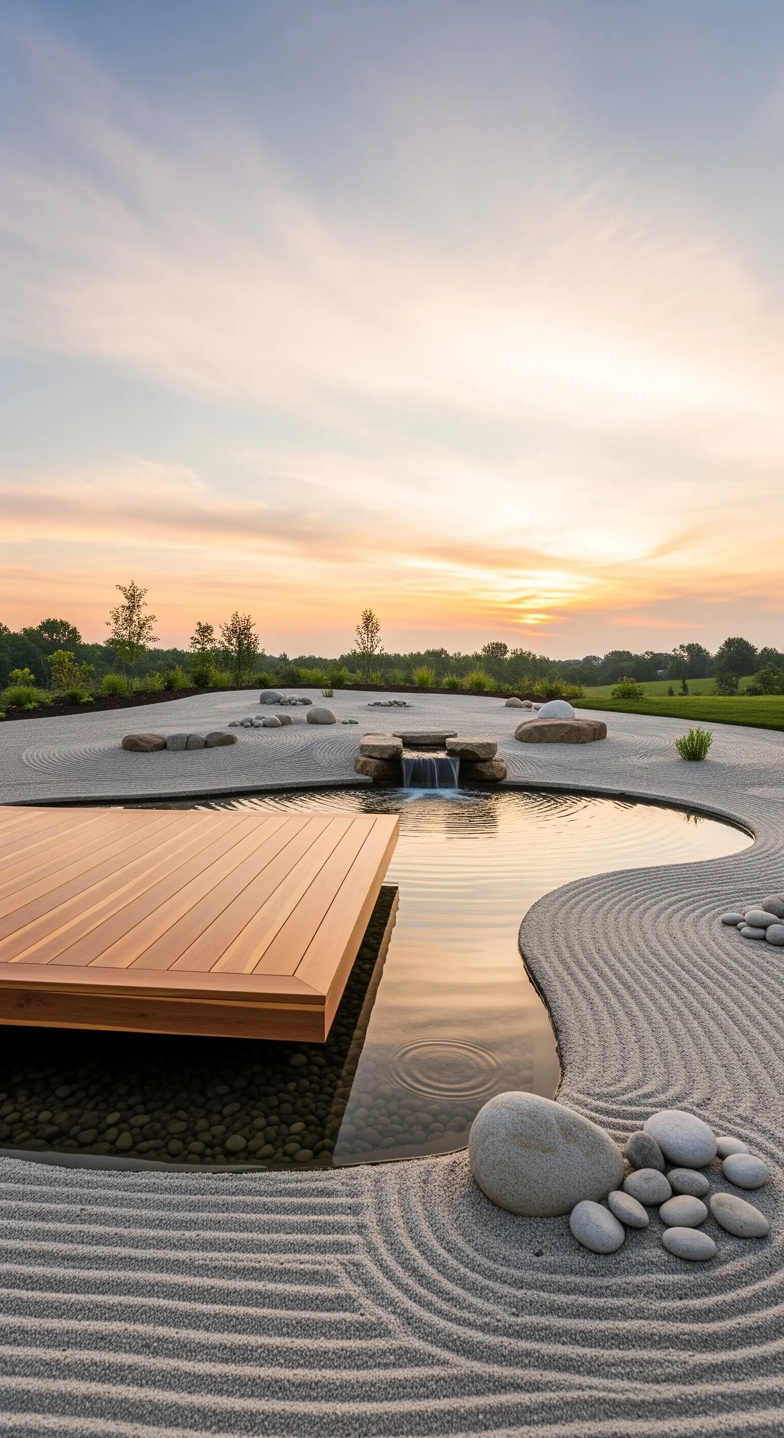 Japandi Garten im Sonnenuntergang