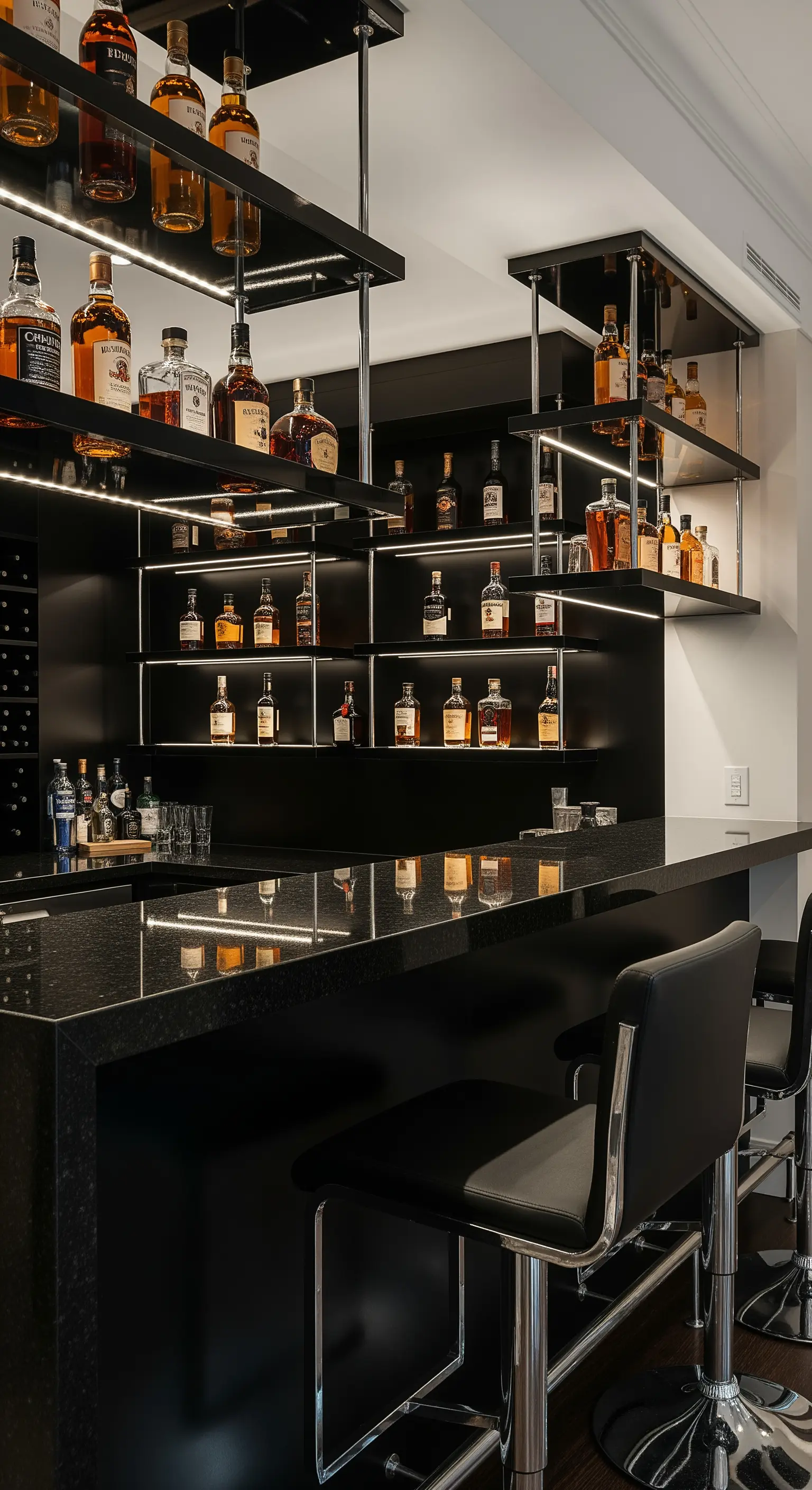 Beleuchtete Hausbar mit schwarzen Glasböden