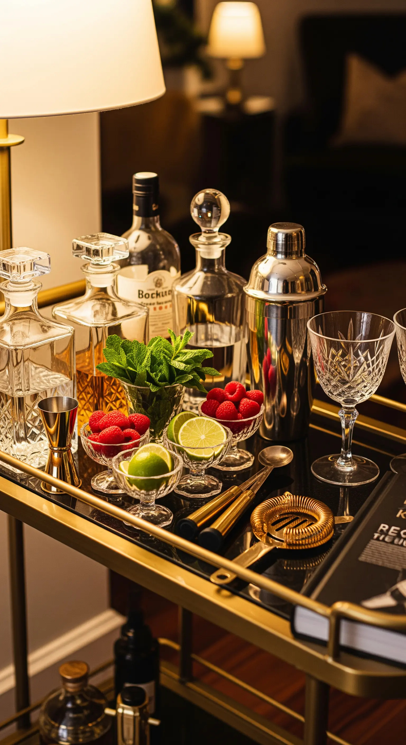 Goldener Barwagen mit Kristallgläsern und Cocktail-Zubehör