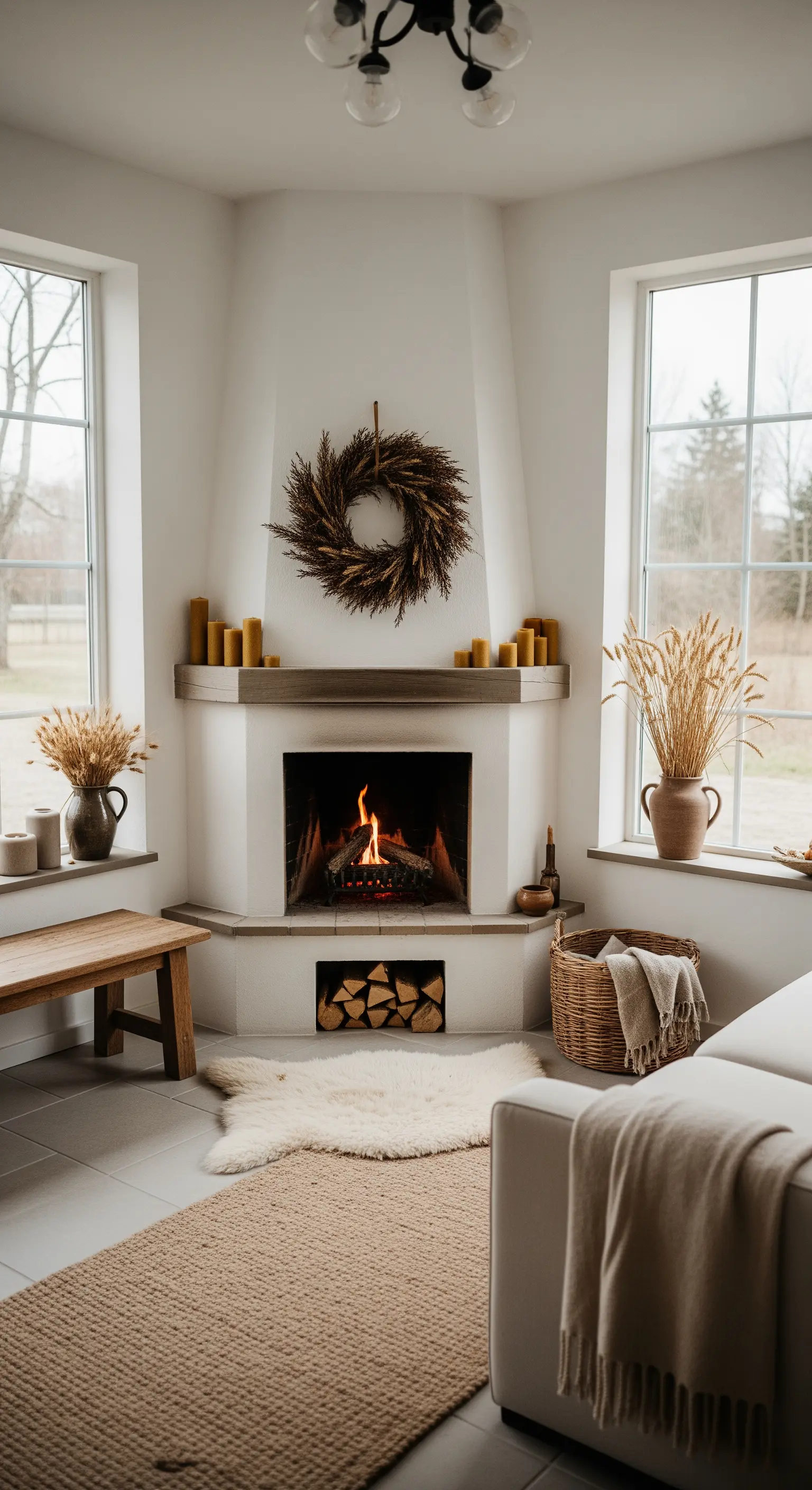 Eckkamin mit Kranz und gelben Kerzen