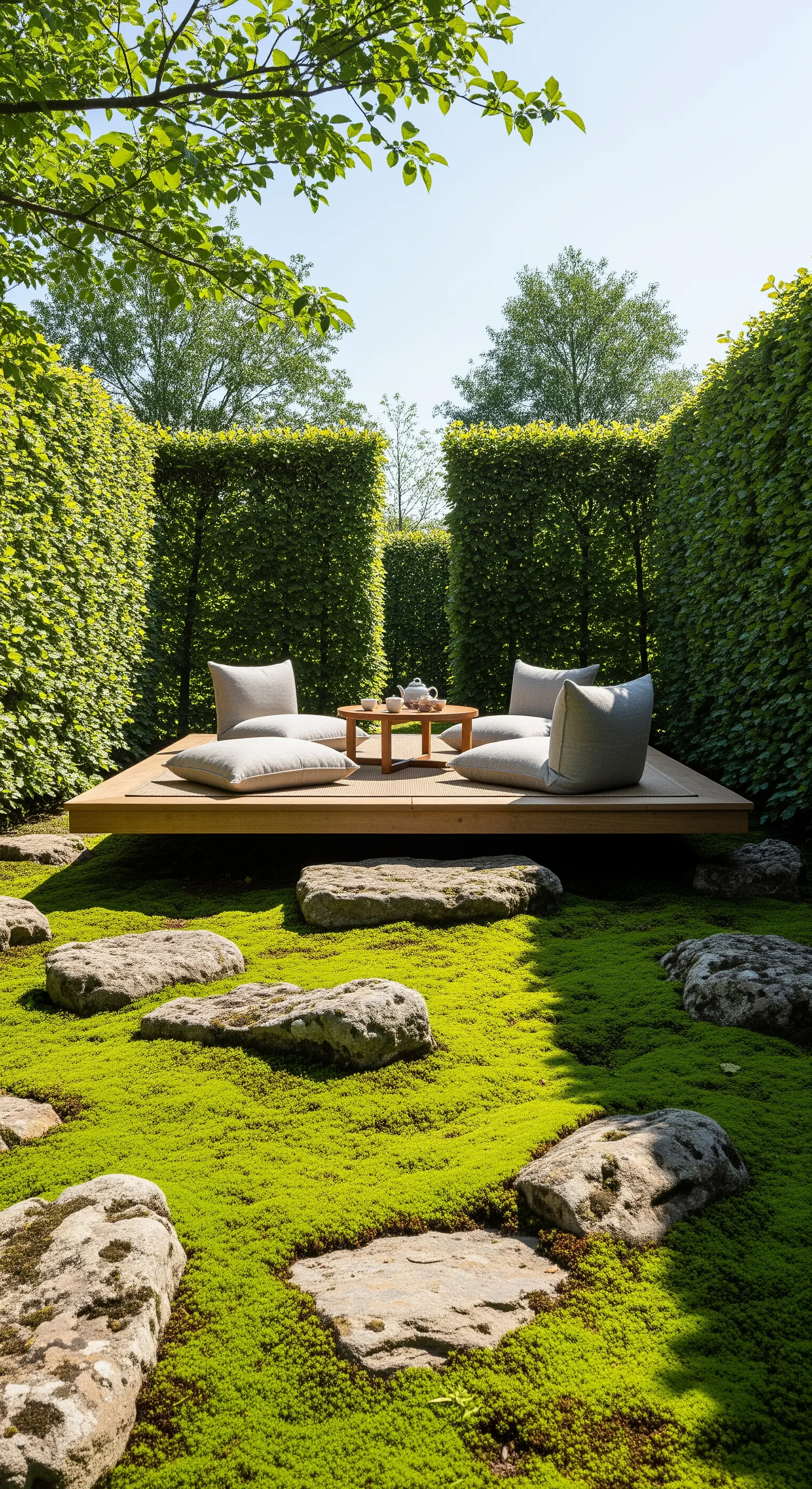 Holzpodest als Insel im Moosgarten mit Teegeschirr