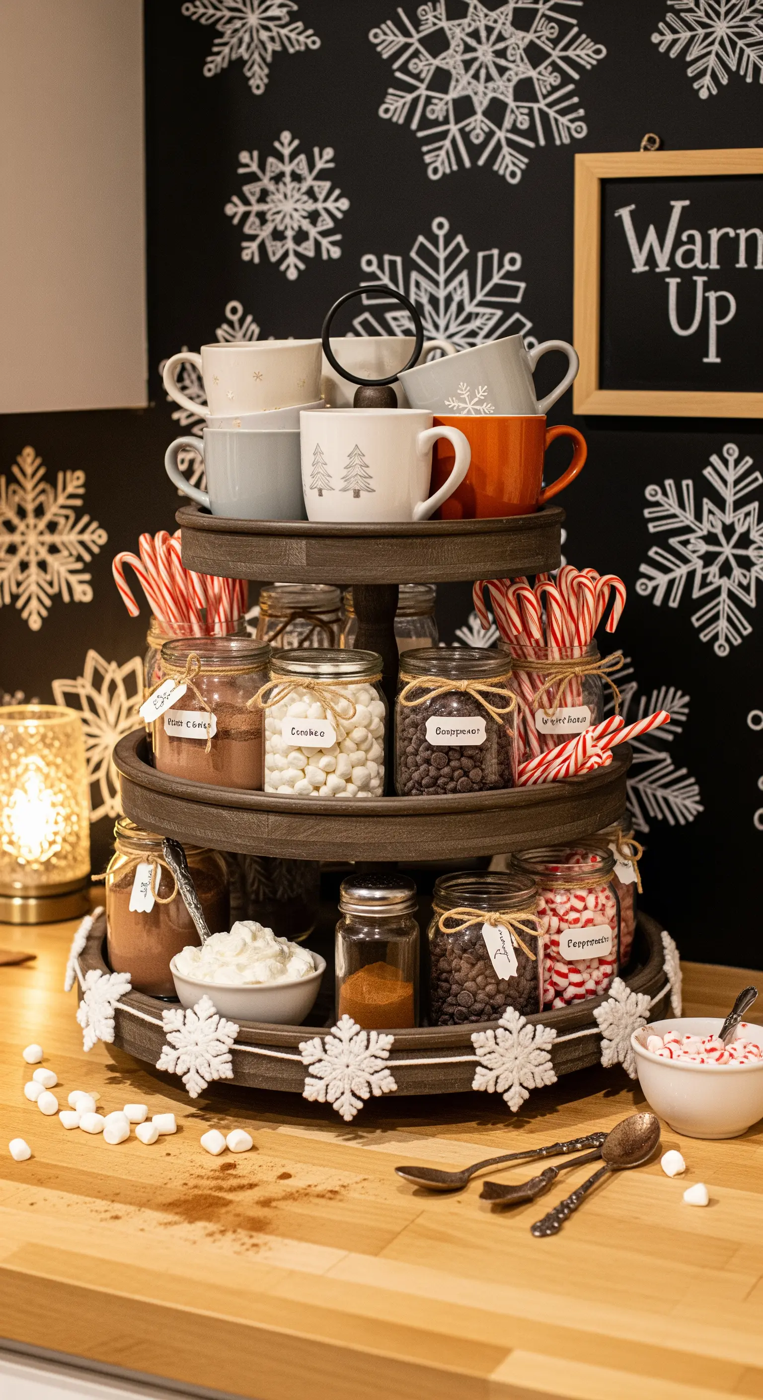 Etagere mit Kakaozutaten und Tassen