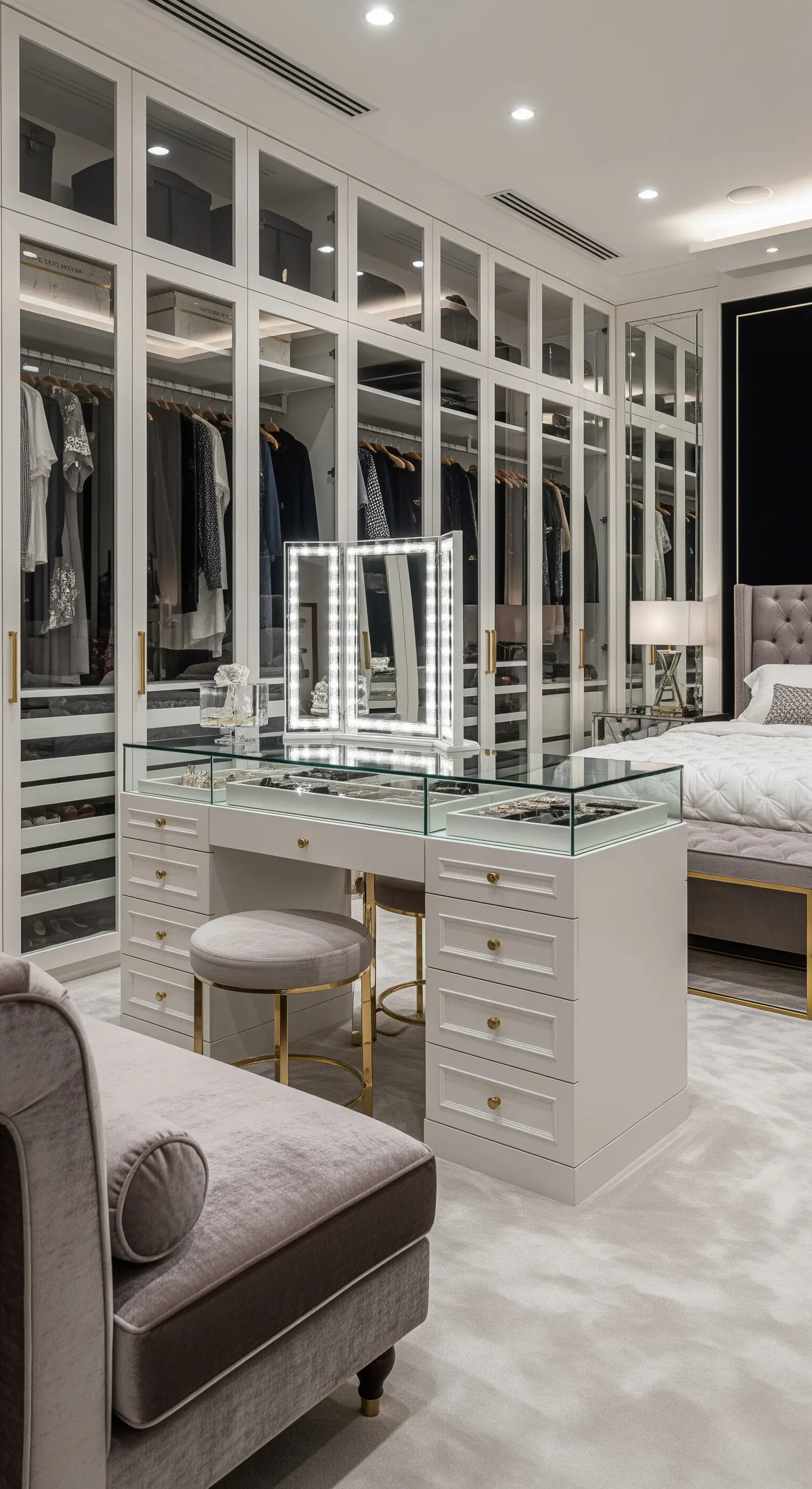 Weißer Ankleideraum mit Glas-Schminkinsel