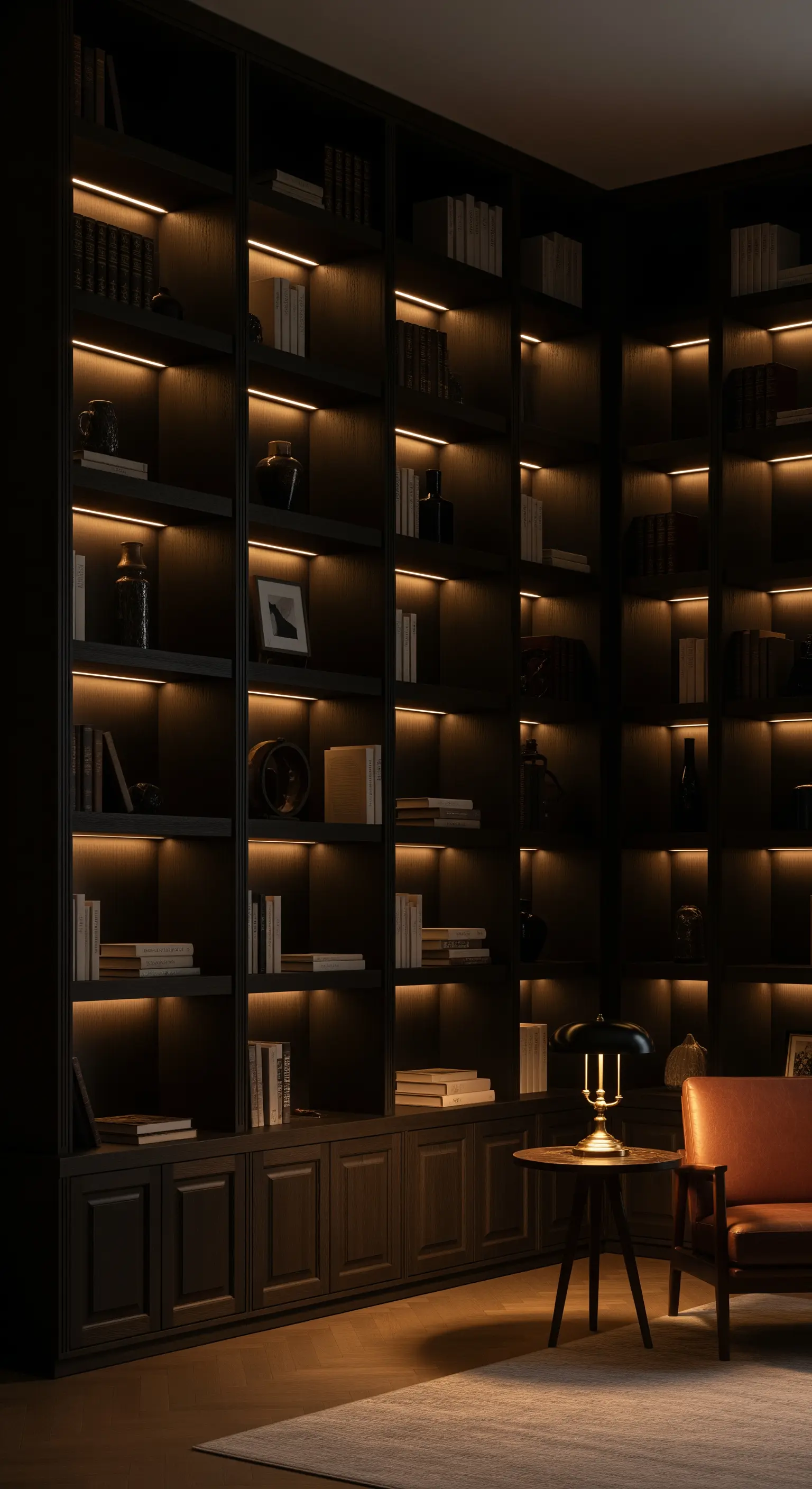 Großes dunkles Bücherregal mit Fachbeleuchtung