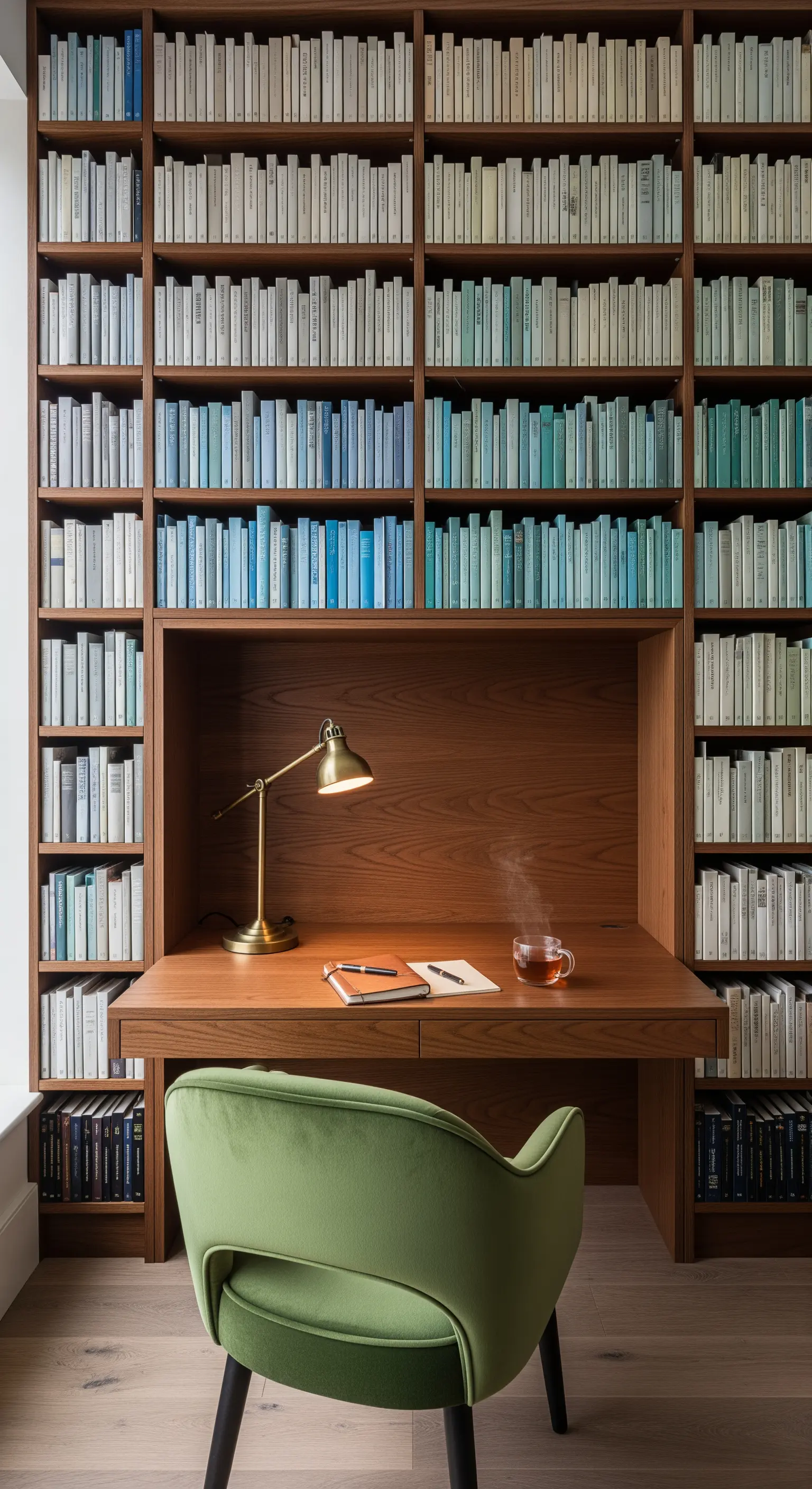 Schreibtisch in großer Holzbücherwand mit grünem Samtsessel